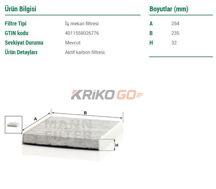 Skoda Octavia 3 Karbonlu Polen Filtresi 1.2 TSI 110 Beygir 2013-2020 MANN