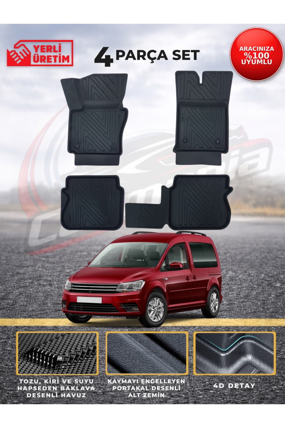 CarMania Volkswagen Caddy Premium 4D Havuzlu Paspas ( 2003-2010 Arası )