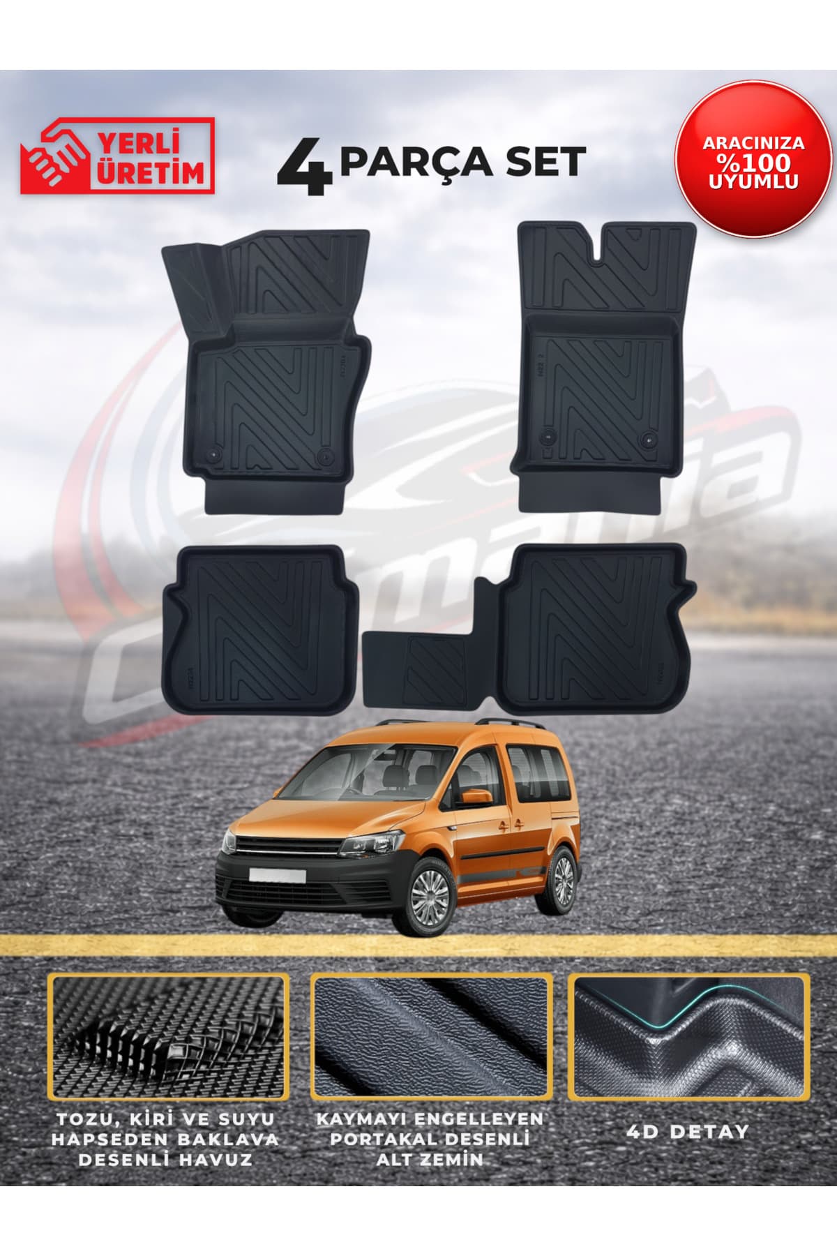 CarMania Volkswagen Caddy Premium 4D Havuzlu Paspas ( 2010-2015 Arası )