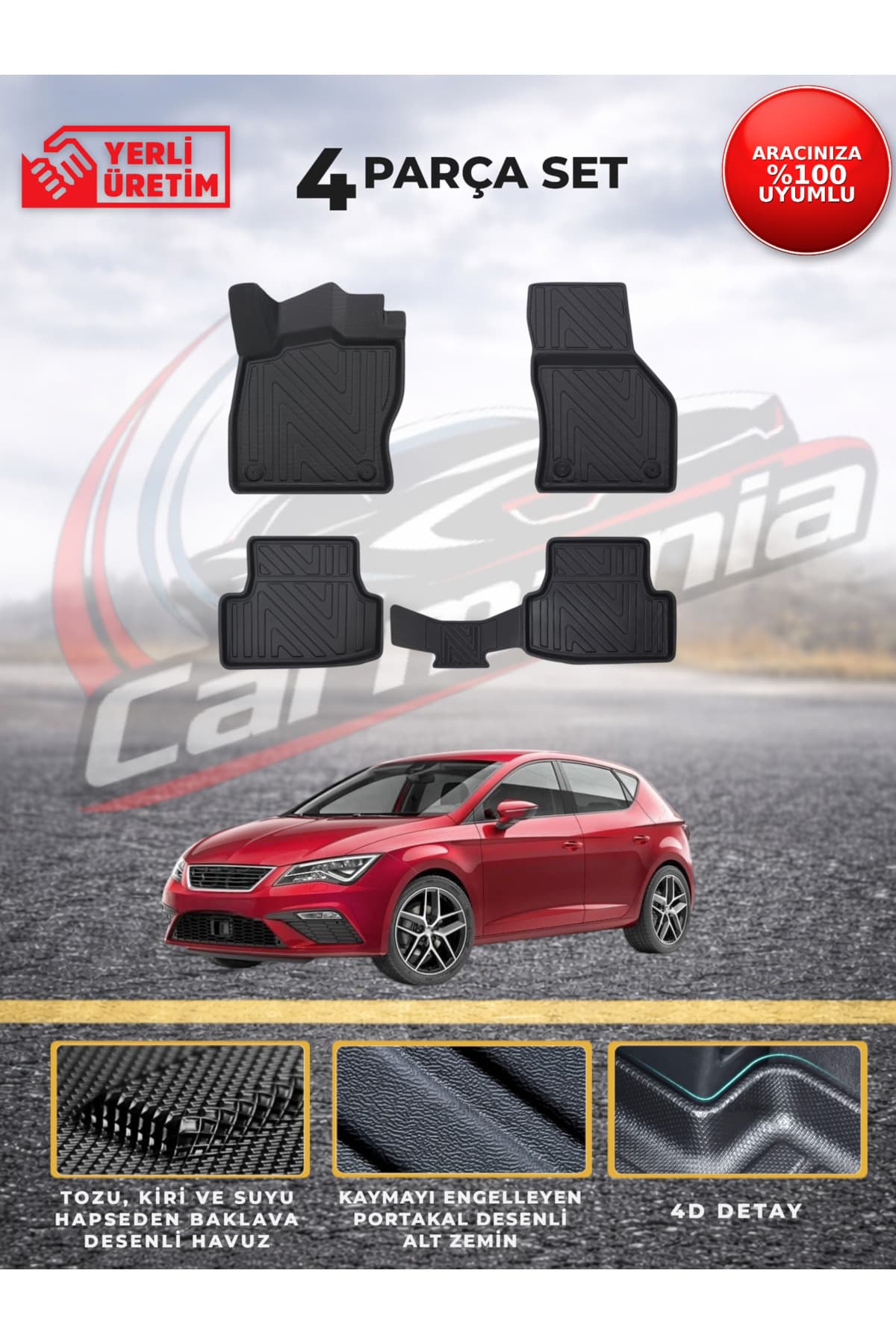 CarMania Seat Leon 4D Premium Havuzlu Paspas 2012-2020 Arası Uyumlu