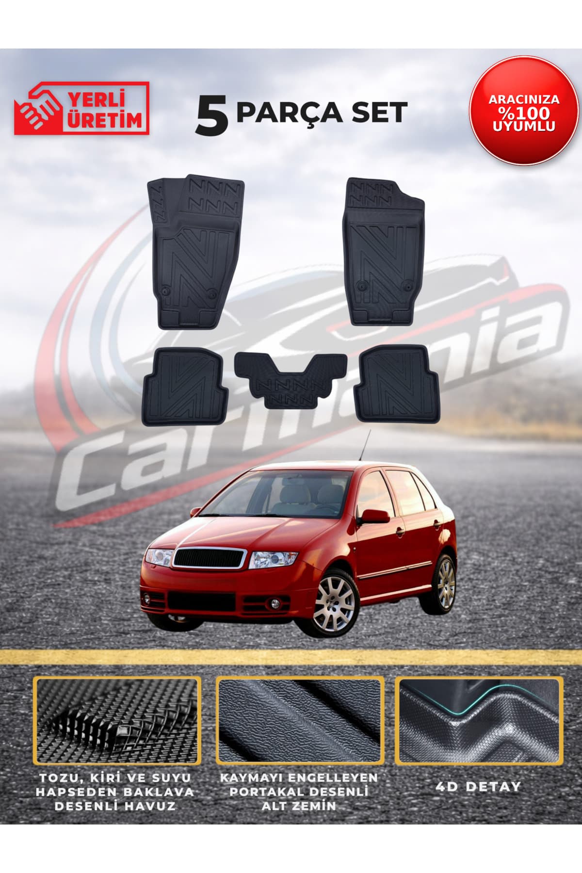CarMania Skoda Fabia 4D Premium Havuzlu Paspas 1999-2007 Arası Uyumlu