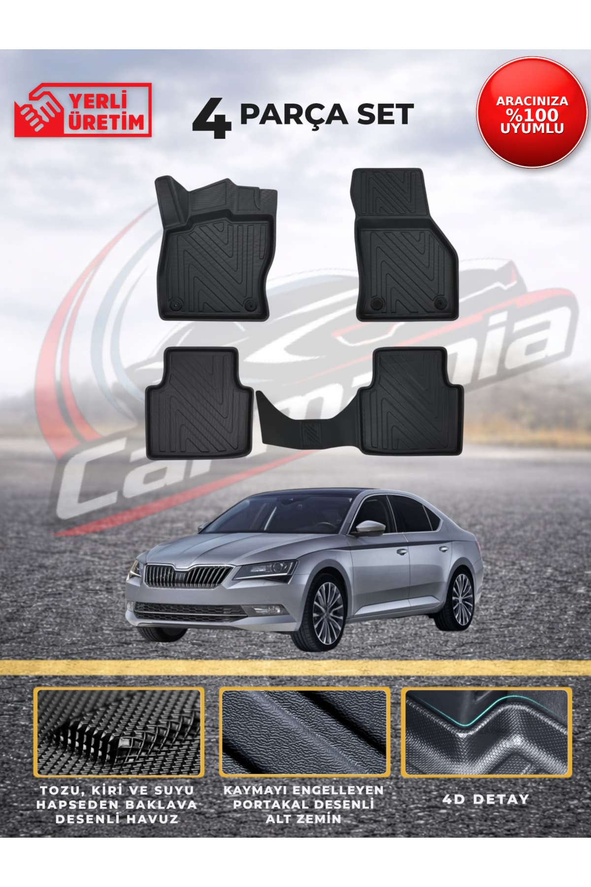 CarMania Skoda Superb 4D Premium Havuzlu Paspas 2015-2020 Arası Uyumlu