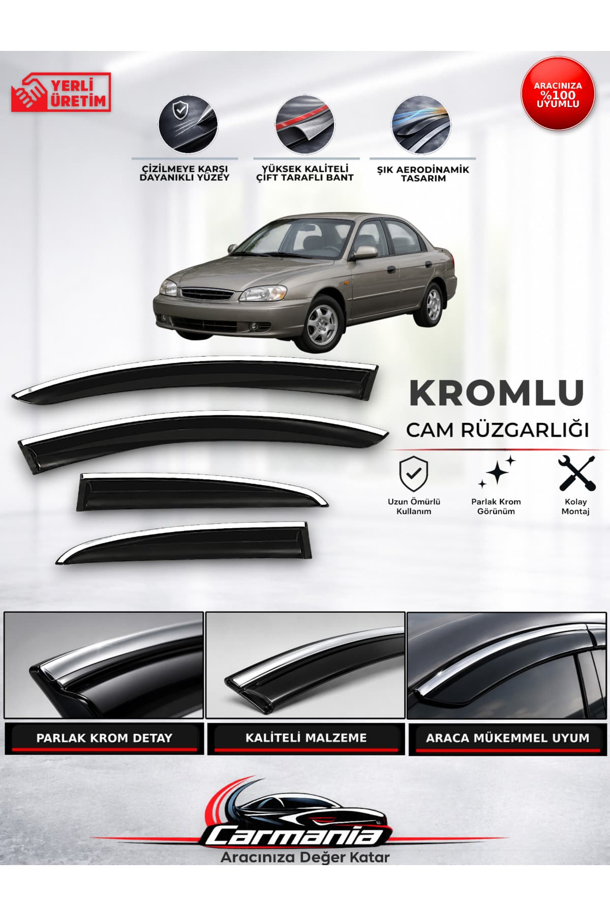 CarMania Kia Sephia (1999 - 2004) Araca Özel Kromlu Cam Rüzgarlığı 4’lü Set