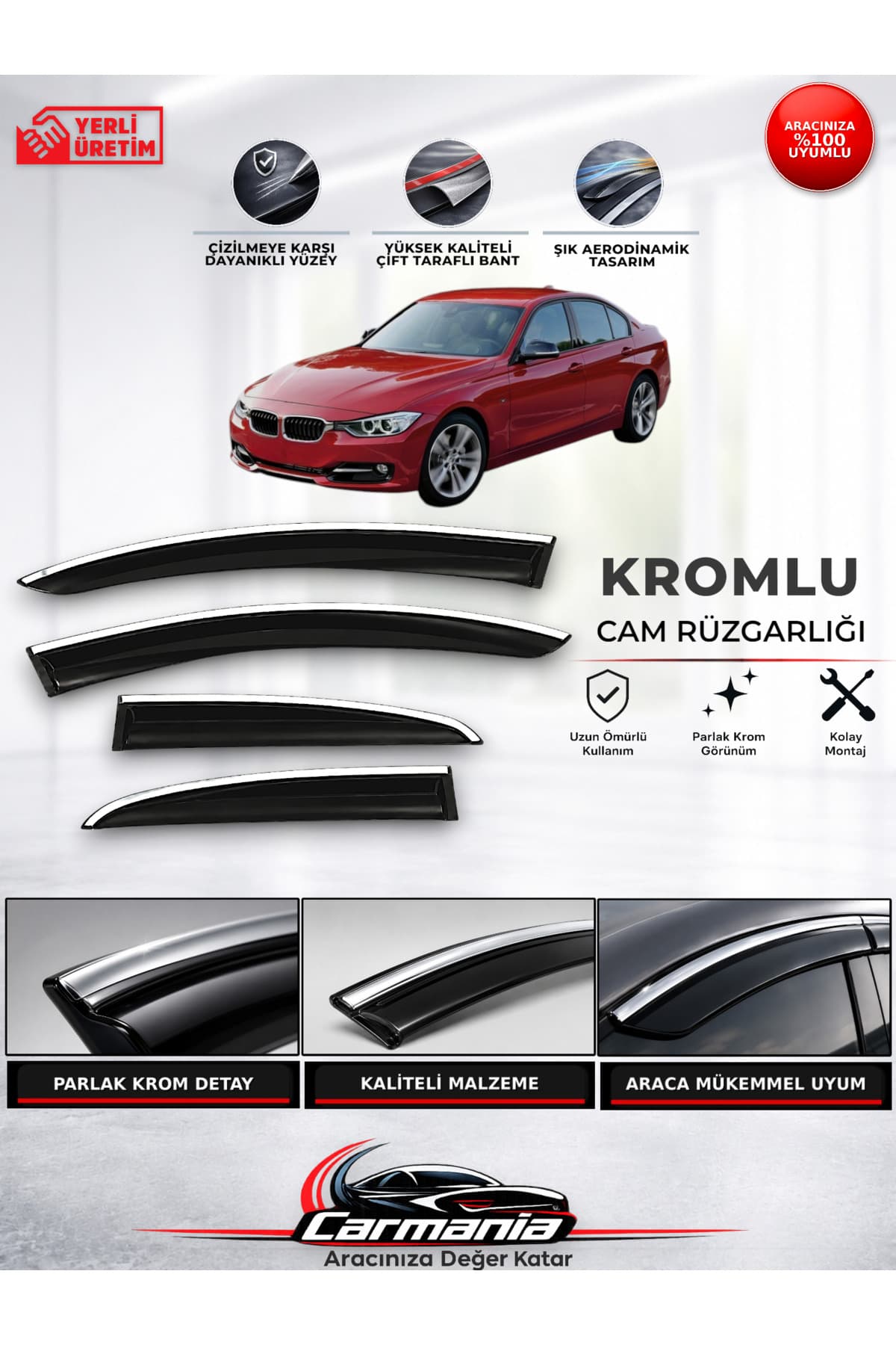 CarMania Bmw 3 Serisi F30 (2012 - 2018) Araca Özel Kromlu Cam Rüzgarlığı 4’lü Set