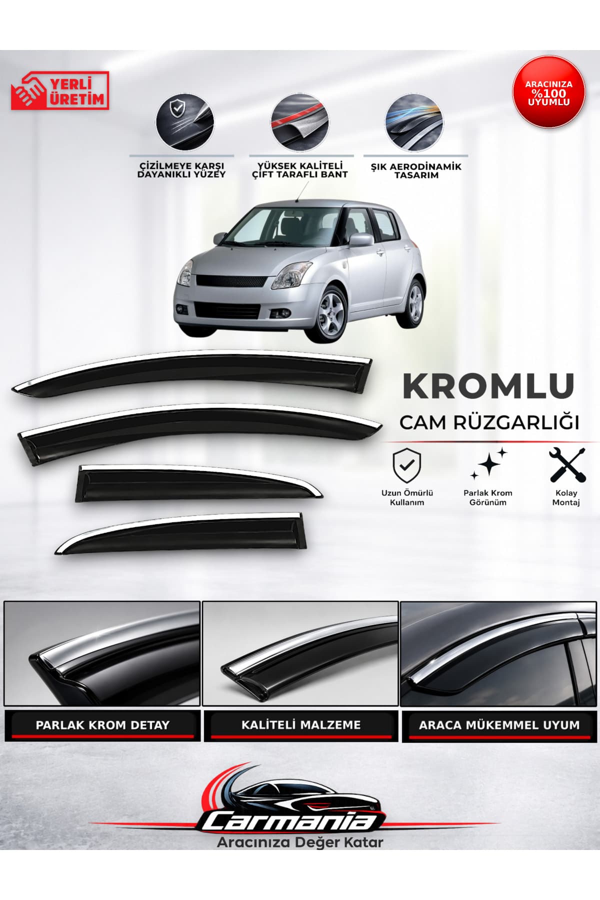 CarMania Suzuki Swift (2003 - 2011) Araca Özel Kromlu Cam Rüzgarlığı 4’lü Set