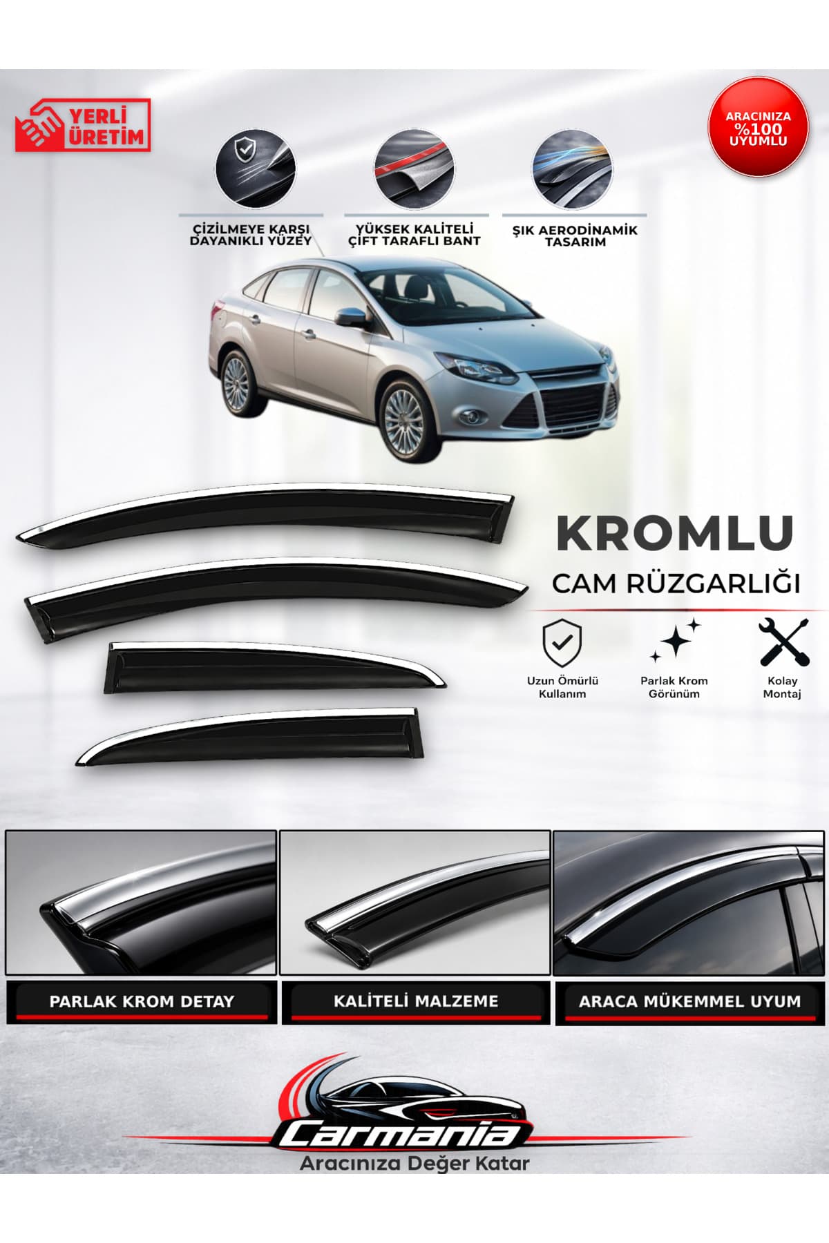 CarMania Ford Focus 3 (2012 - 2018)Araca Özel Kromlu Cam Rüzgarlığı 4’lü Set