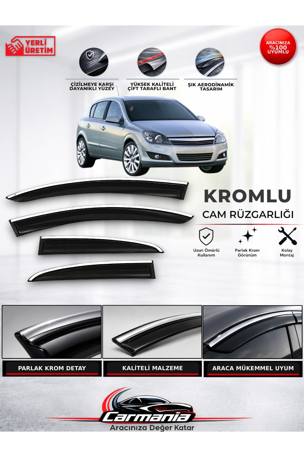 CarMania Opel Astra H (2004 - 2013) Araca Özel Kromlu Cam Rüzgarlığı 4’lü Set