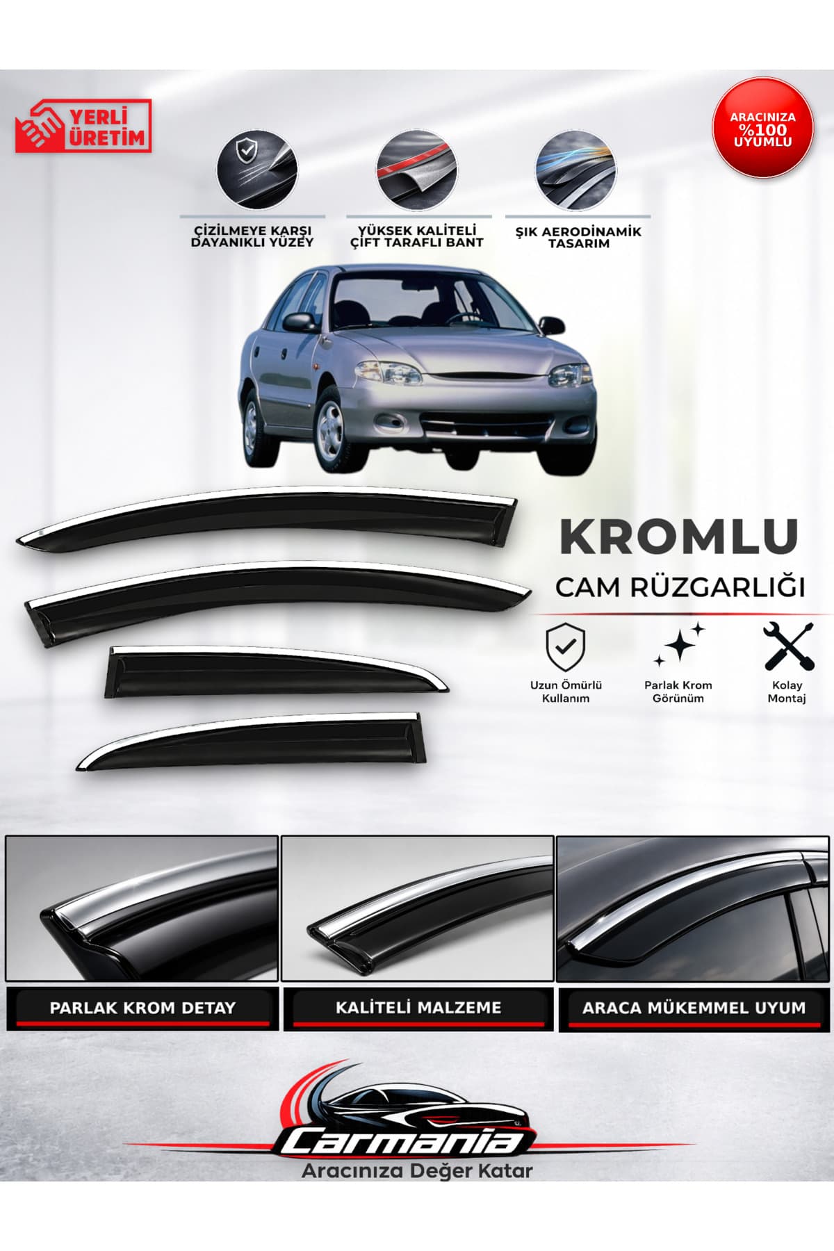 CarMania Hyundai Accent ( 1995 - 2000) Araca Özel Kromlu Cam Rüzgarlığı 4’lü Set