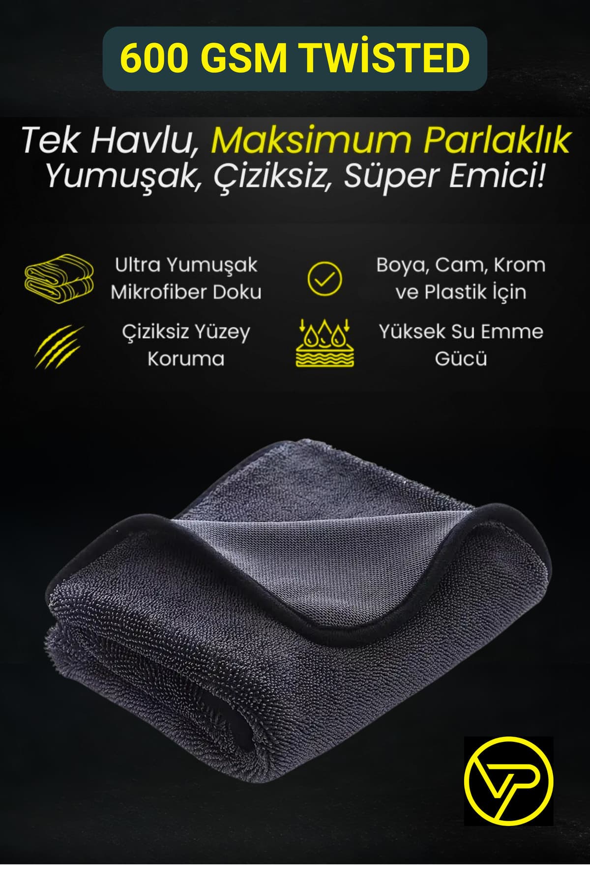 Twisted Yüksek Su Emici Özellikli Mikrofiber Araç Kurulama Havlusu-Çiziksiz Temizlik-50x60cm-600gsm