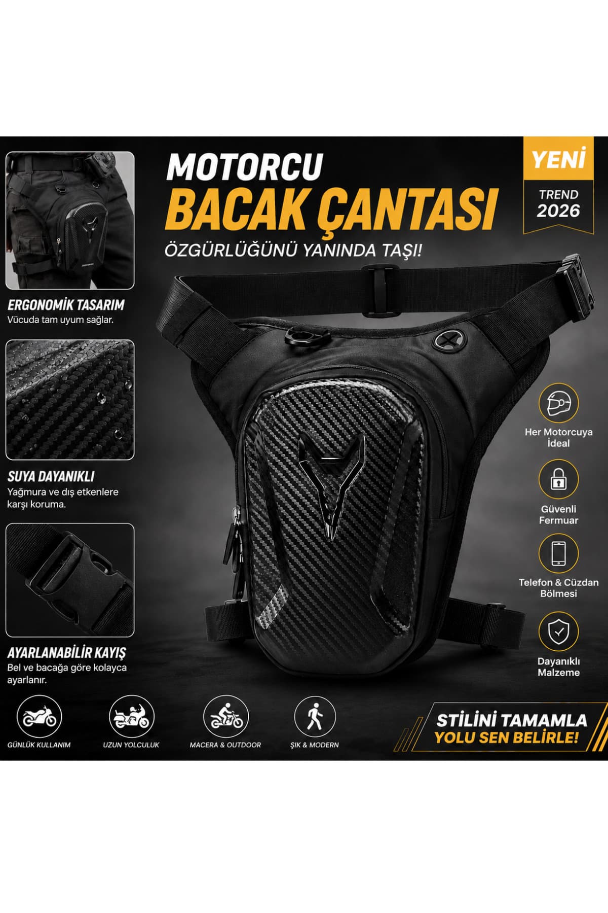 NEWISH POLO ACCESSORIES Siyah Erkek Motorcu Bacak Çantası Su Geçirmez Sert Korumalı Gece Görüşlü Outdoor Bel ve Omuz Çantası