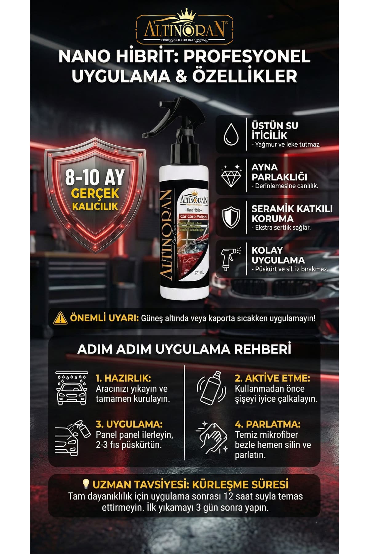 Altınoran Nano Hibrit Hızlı Cila 220ml - 8-10 Ay Etkili Seramik Katkılı Su İtici & Boya Koruma