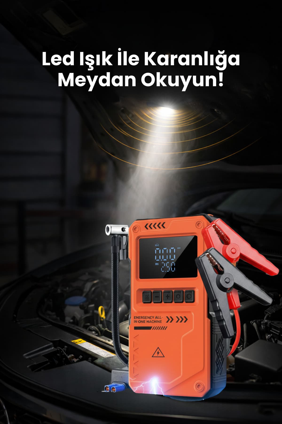 Bosile 10000 mAh Akü Takviye Jump Starter + Dijital Hava Kompresörü + powerbank + LED Fener