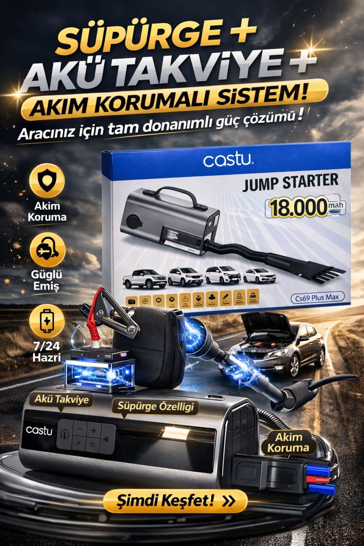 Bagajon Castu Jump Starter Süpürgeli Akü Takviye Cihazı 18.000MAH 10 in 1 Powerbank, Hava Kompresörü, LCD EK