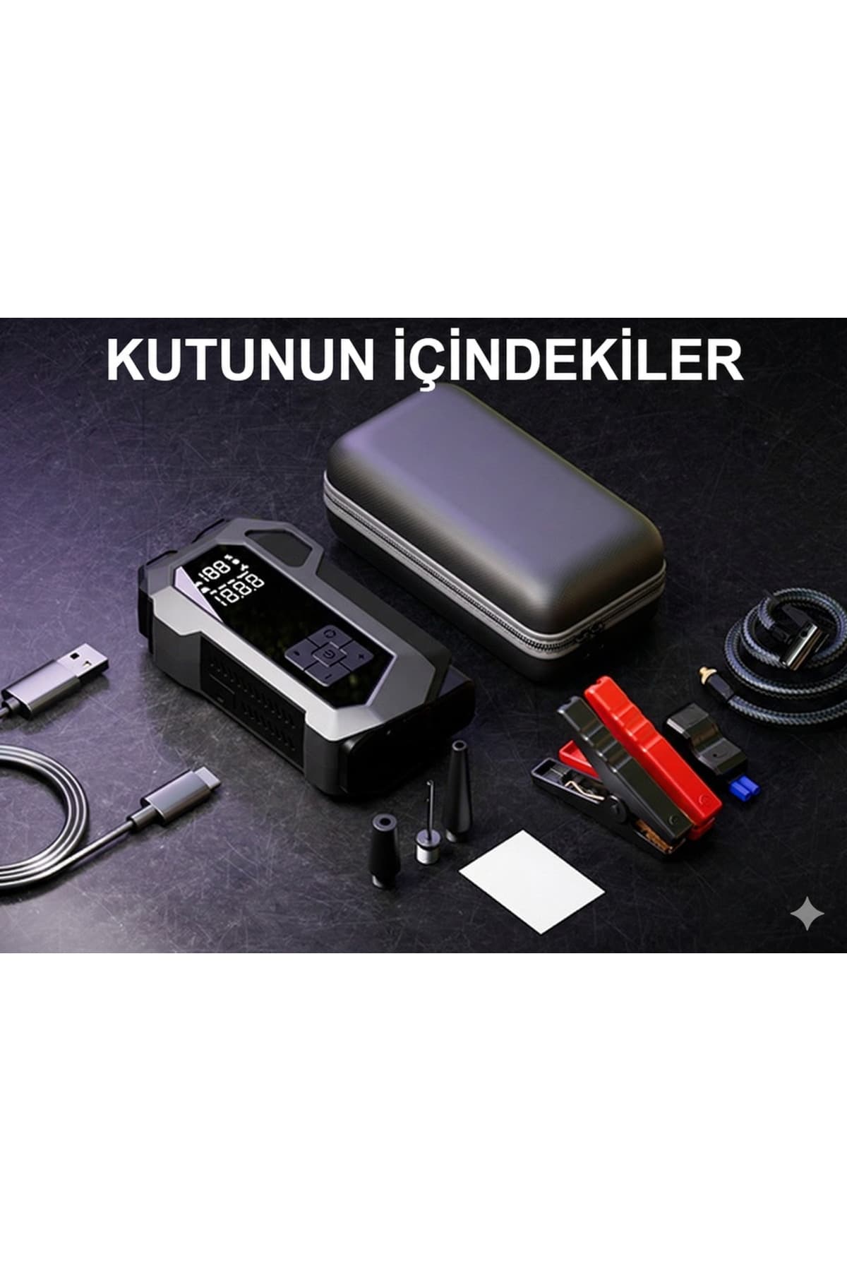 TARÇIN 16000 mah Akü Takviye Cihazı Çanta Hediyeli 4'ü 1 Arada Jump Starter, Hava Pompası, Powerbank ve LED
