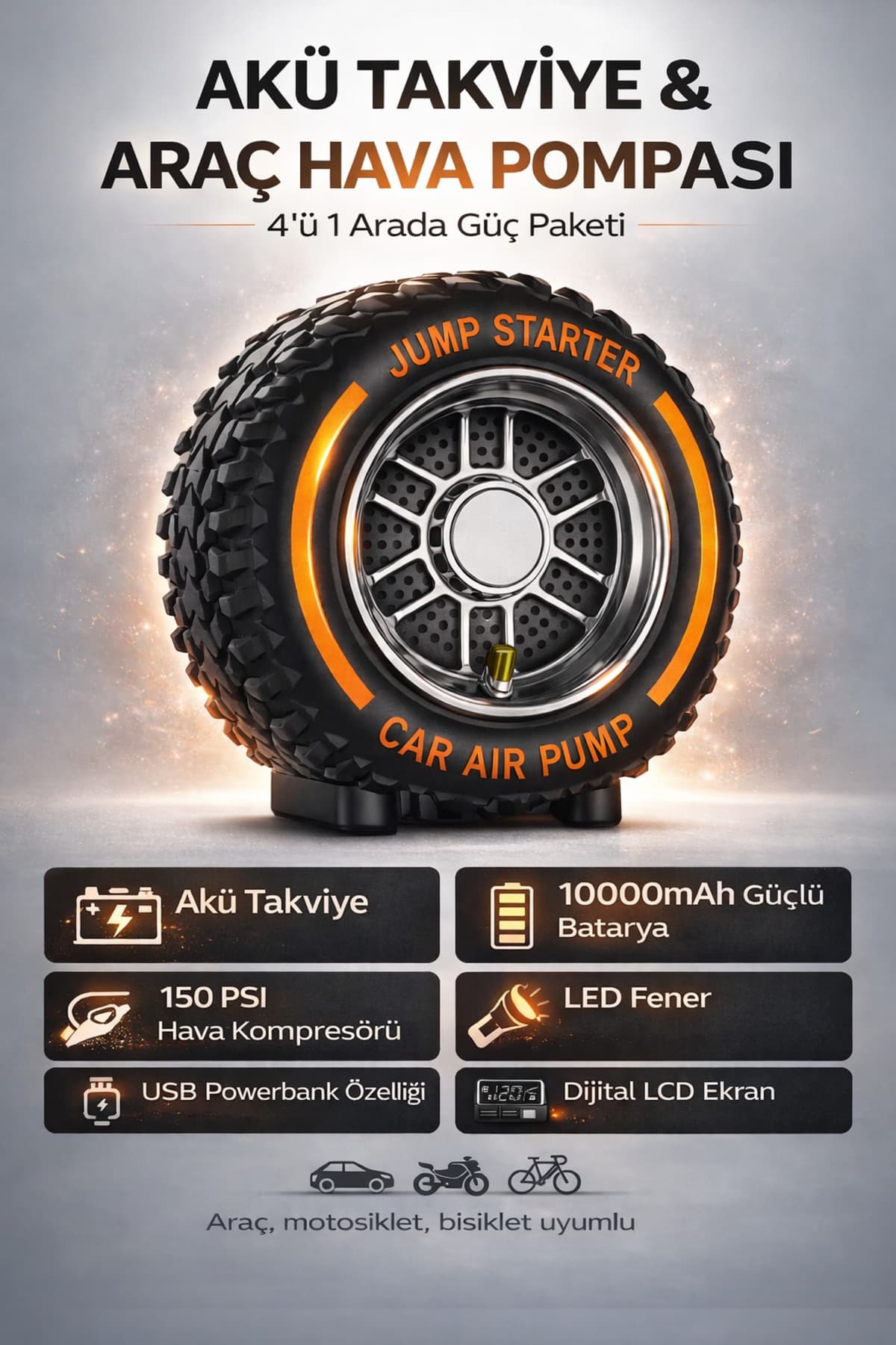 Merwish 4 ü 1 Akü Takviye Hava Kompresörü 10000 mAh 150 PSI Jump Starter Powerbank LED HX-JS003