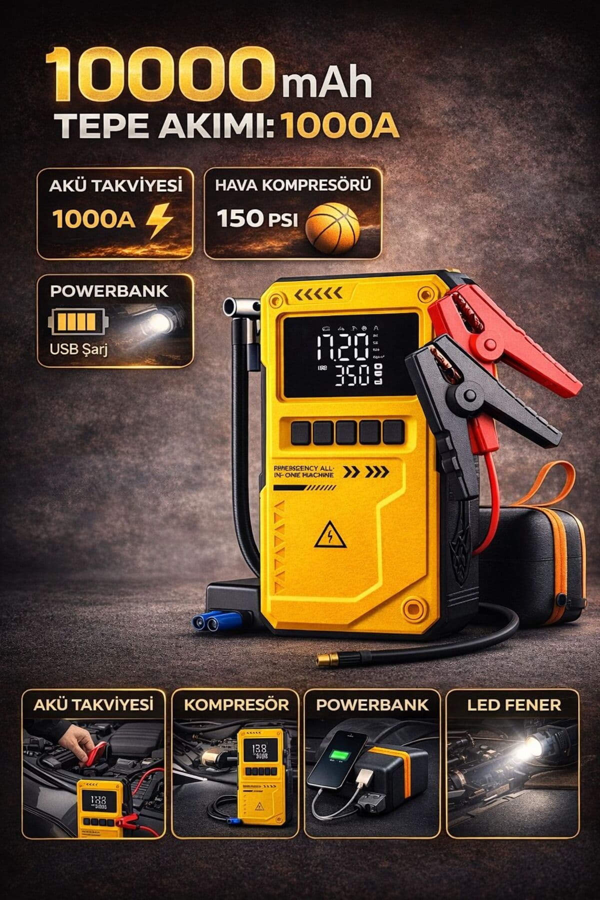 MO DOU Akü Şarj Cihazı Akü Takviye Cihazı ve Hava Kompresörü 10000mAh 150 PSI Jump Starter Powerbank LED