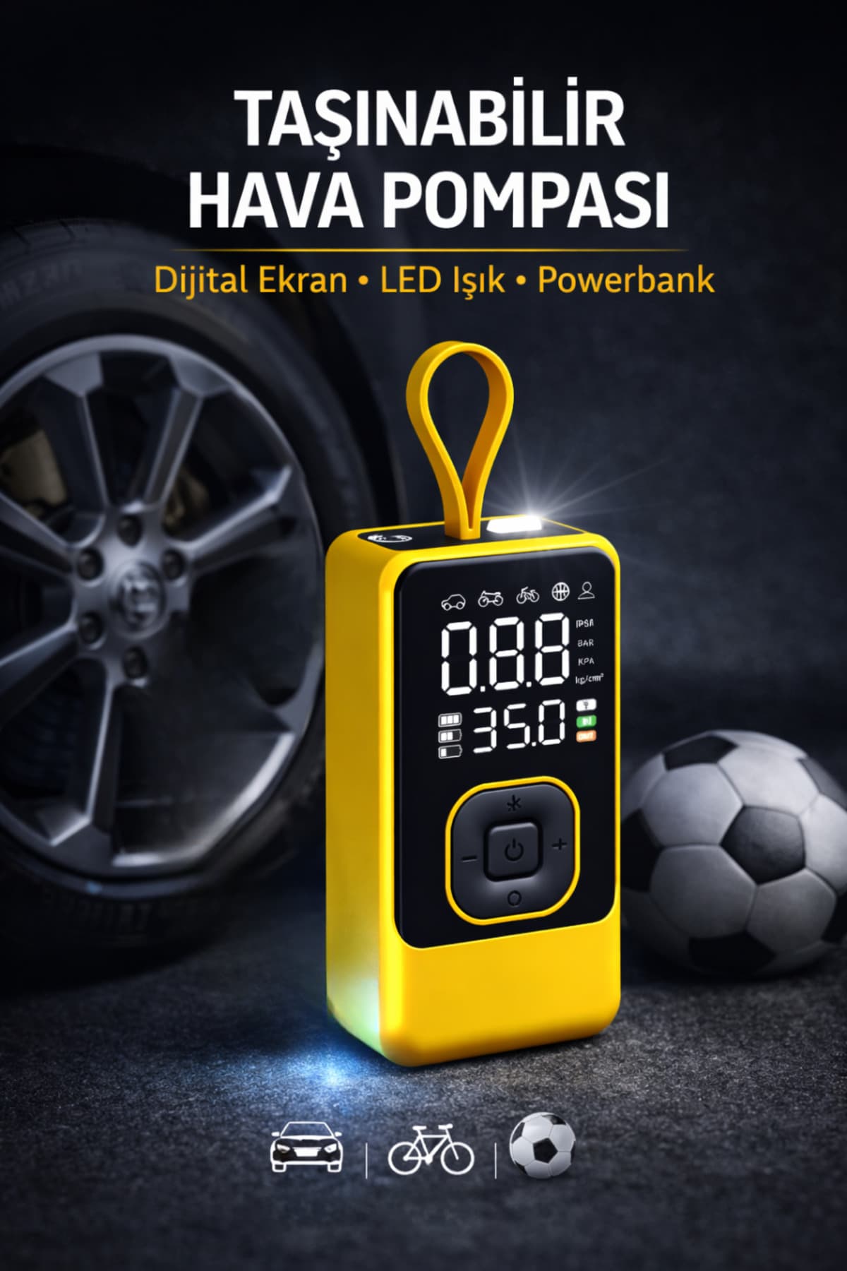 SMAYLİNG Taşınabilir Hava Pompası Dijital Ekranlı LED Işıklı Type-C Şarjlı Kompresör