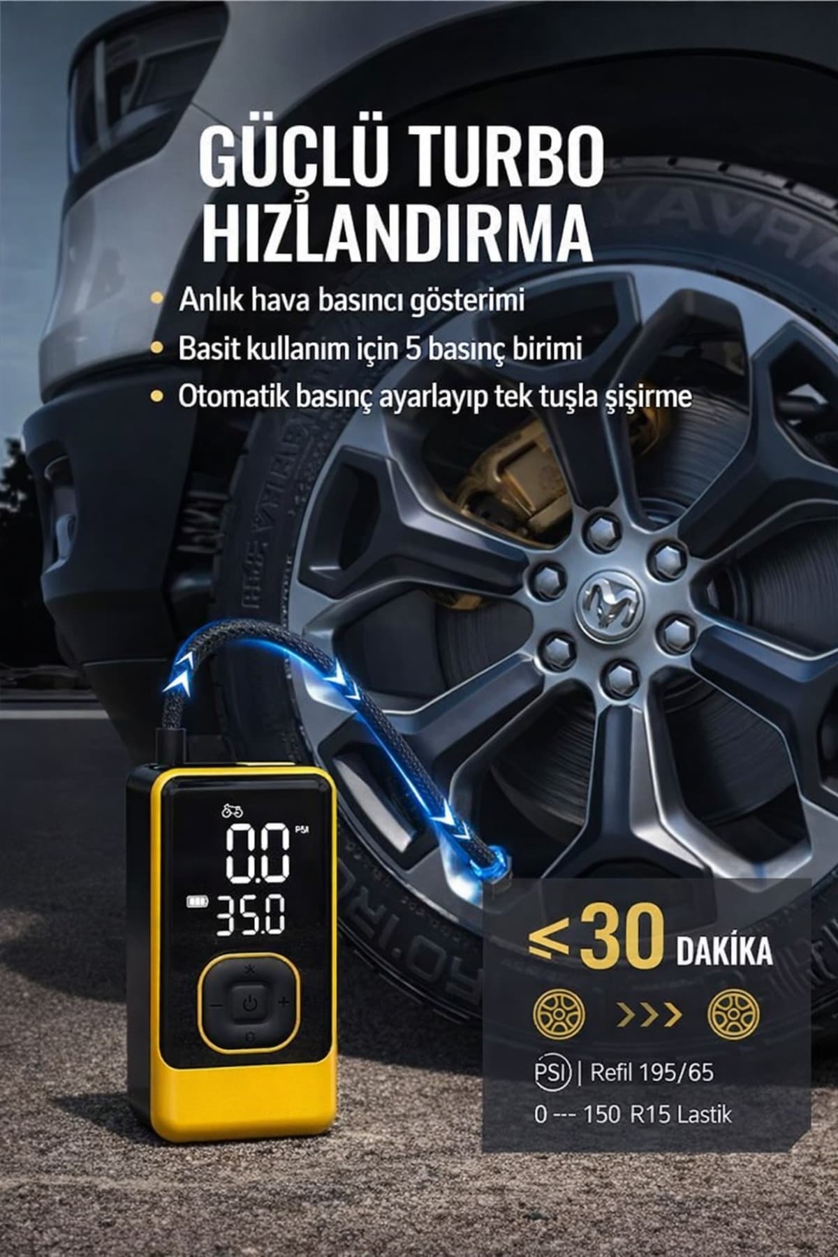 SMAYLİNG Taşınabilir Hava Pompası Dijital Ekranlı LED Işıklı Type-C Şarjlı Kompresör