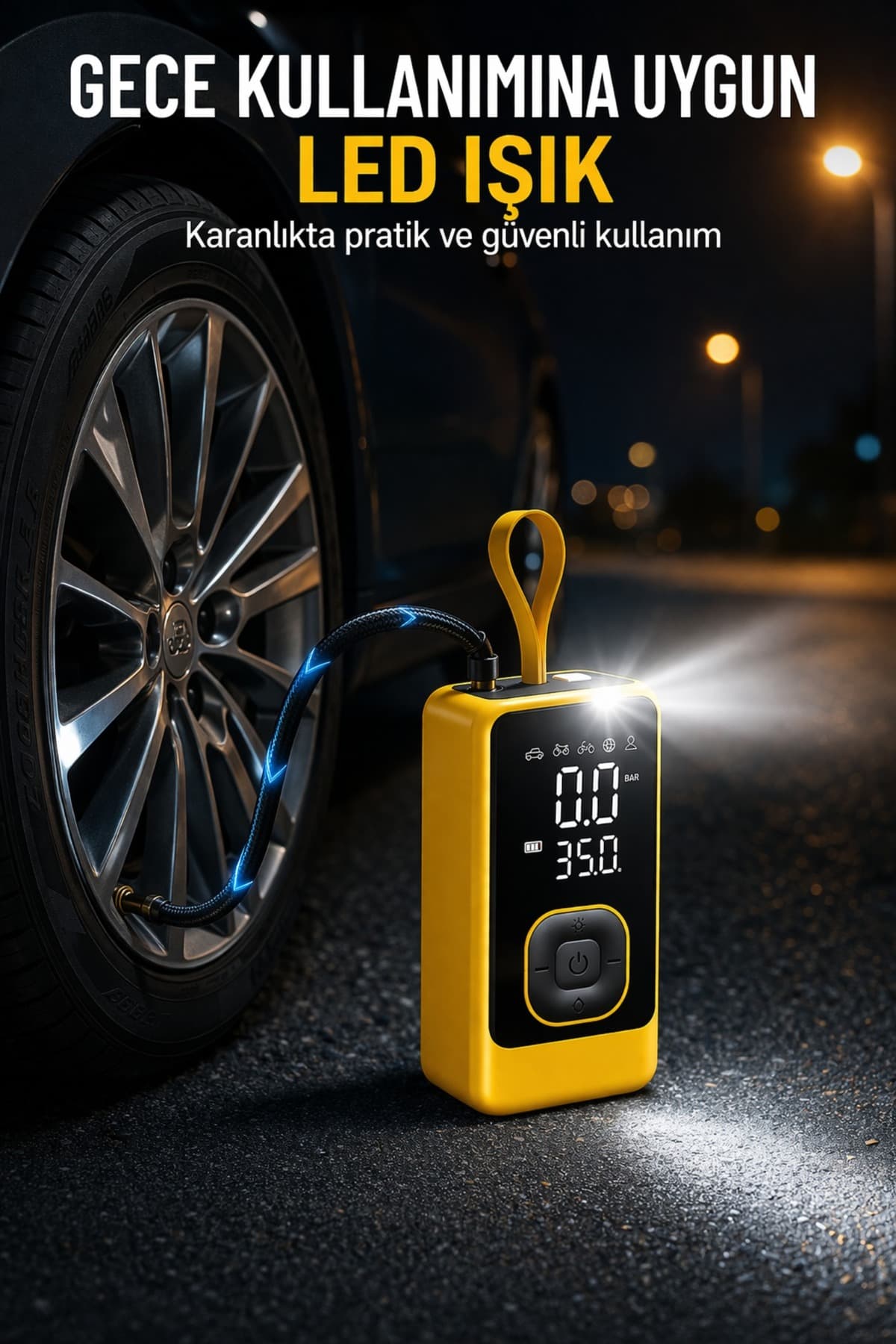SMAYLİNG Taşınabilir Hava Pompası Dijital Ekranlı LED Işıklı Type-C Şarjlı Kompresör