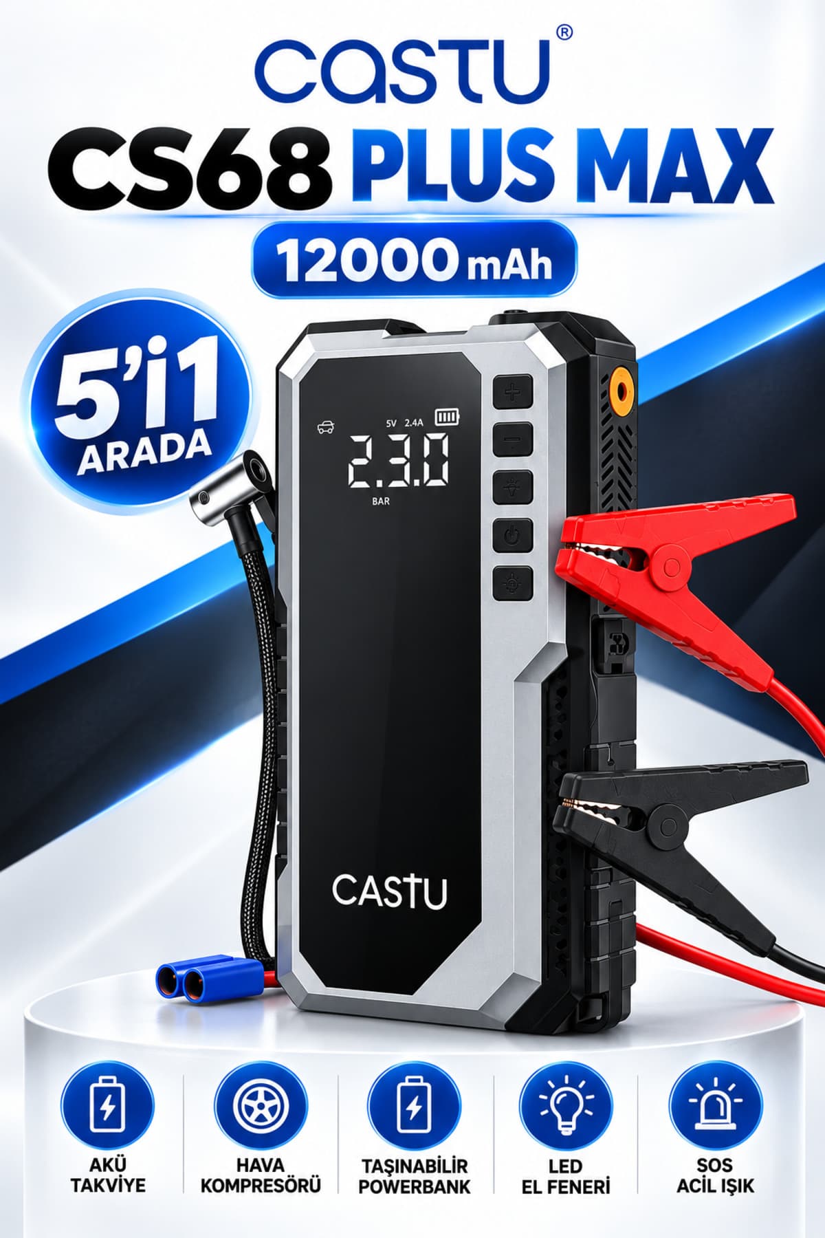 HOTSY CS68 12000mAh Akü Takviye Cihazı ve Hava Kompresörü 5in1 Jump Starter Powerbank 150 PSI