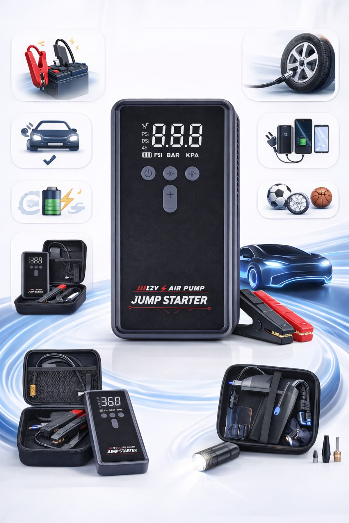 WaltMann 16000 mAh Araç Akü Takviye Cihazı Hava Kompresörü Powerbank Dijital Göstergeli Jump Starter WM-16