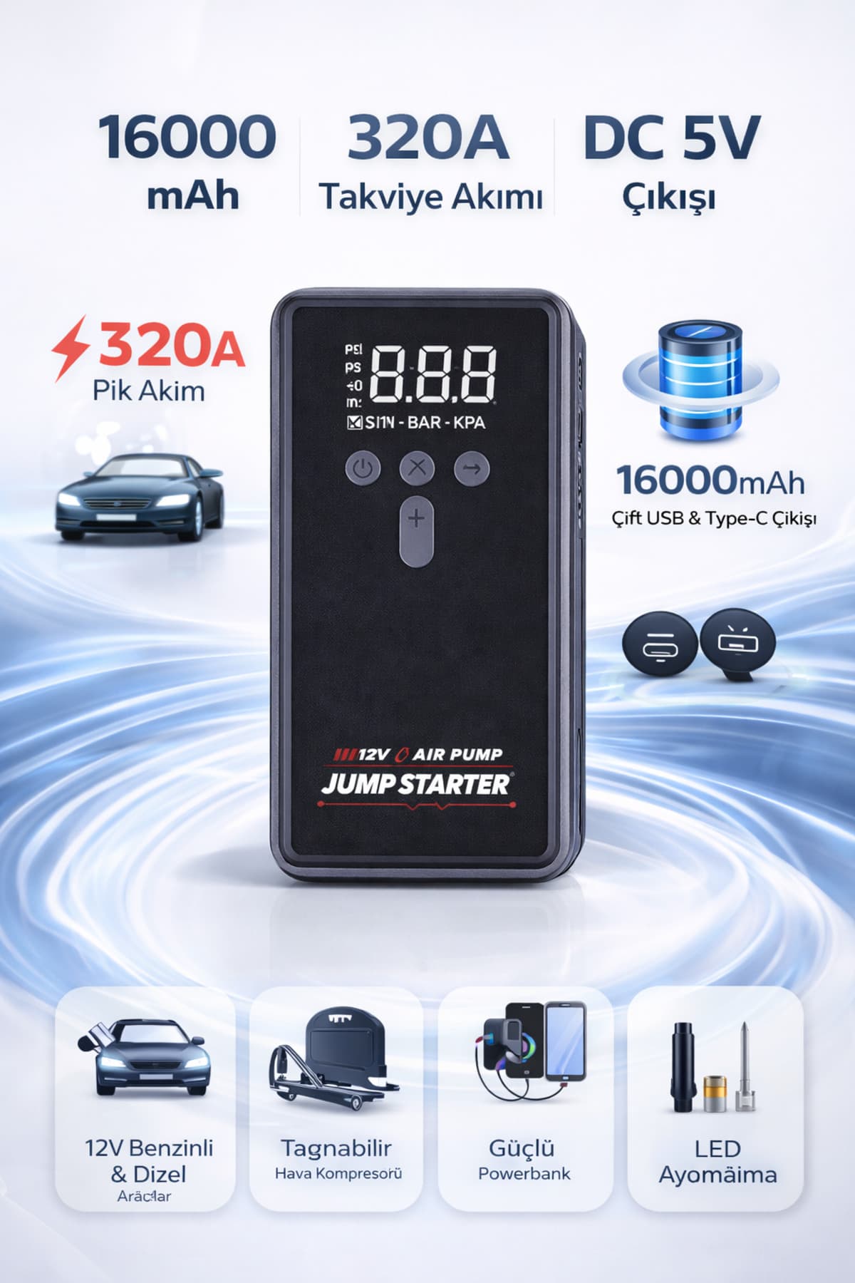 WaltMann 16000 mAh Araç Akü Takviye Cihazı Hava Kompresörü Powerbank Dijital Göstergeli Jump Starter WM-16