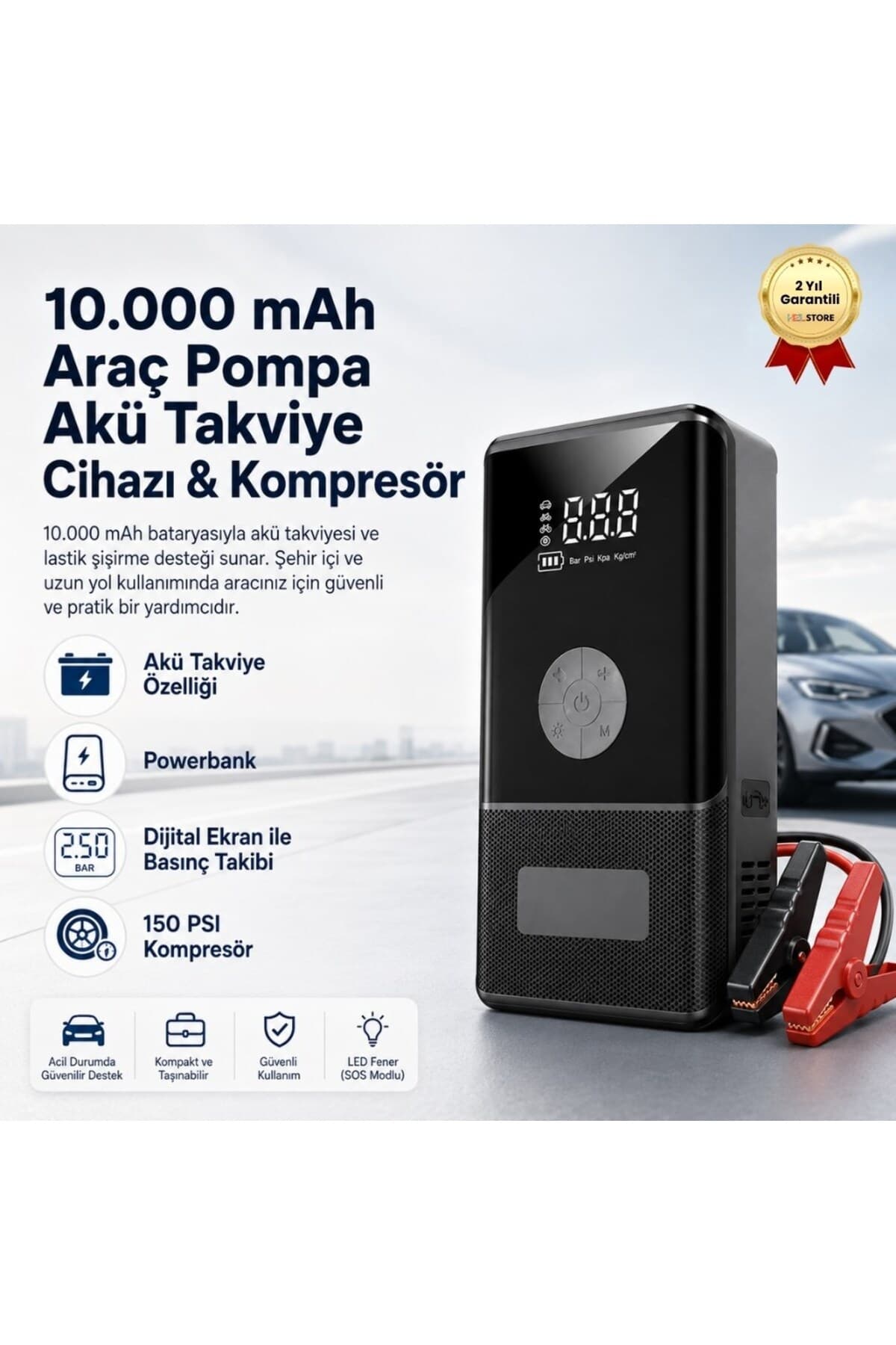 hızlı store Araç Pompa 10.000 mAh Akü Takviye Cihazı & Kompresör 150 PSI Dijital Ekran Jump Starter Powerbank