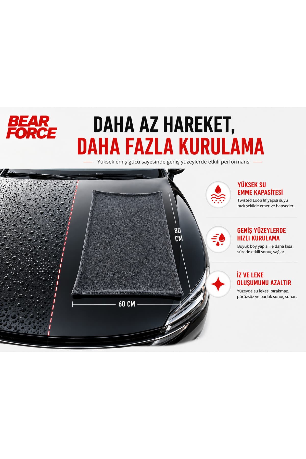 ROBEVE Bear Force Araç Kurulama Havlusu 60x80 cm 800 GSM Twisted Loop Mikrofiber Oto Kurulama Bezi Yüksek Su Emici Çiziksiz Araç Kurulama Havlusu Profesyonel Araç Bakım ve Oto Yıkama Bezi