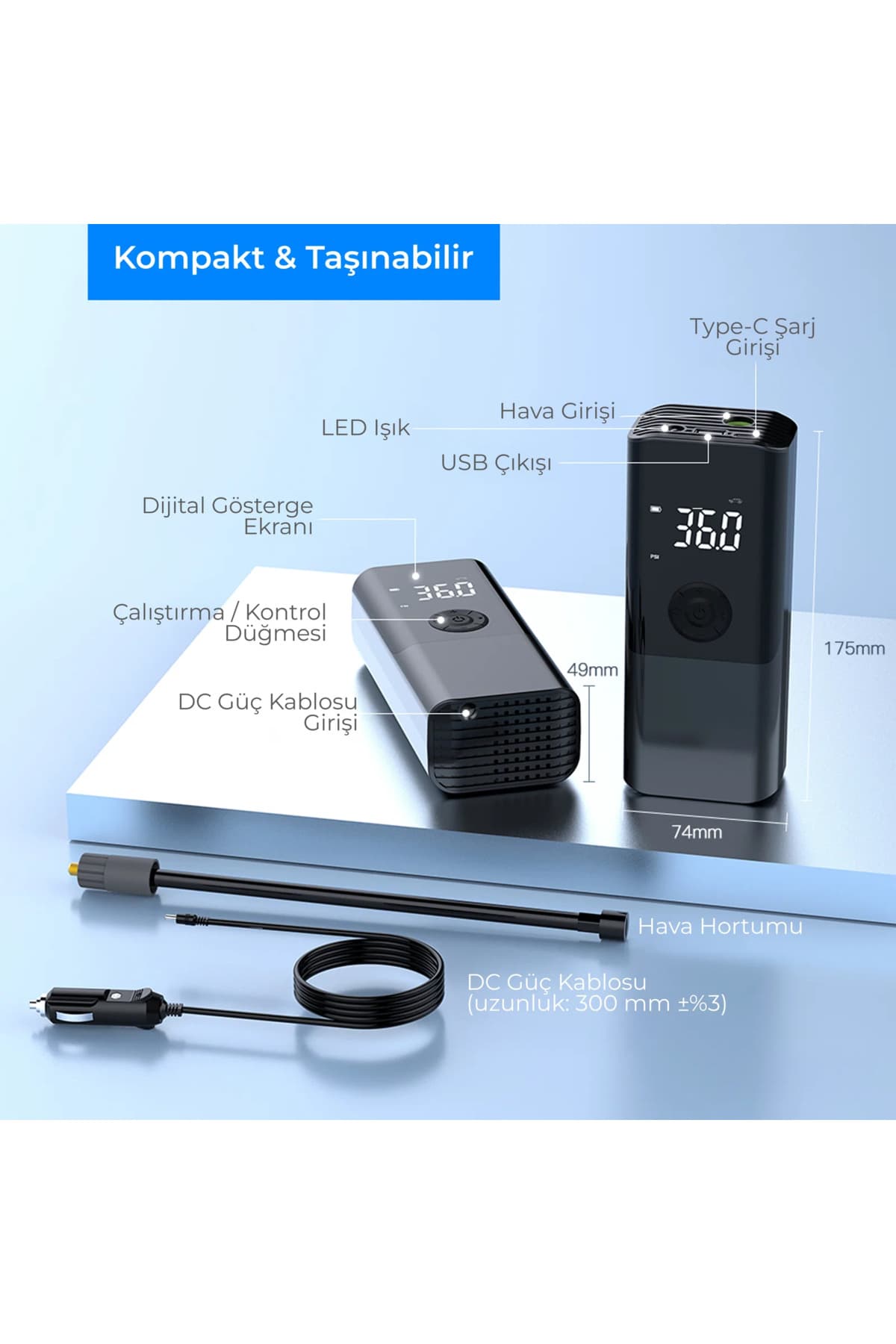 KATJMER CZK-3690 Taşınabilir Kablosuz Hava Pompası | Dijital LCD Ekran | Otomatik Durdurma | Şarjlı Mini Kompresör | Bisiklet, Araç ve Top Pompası