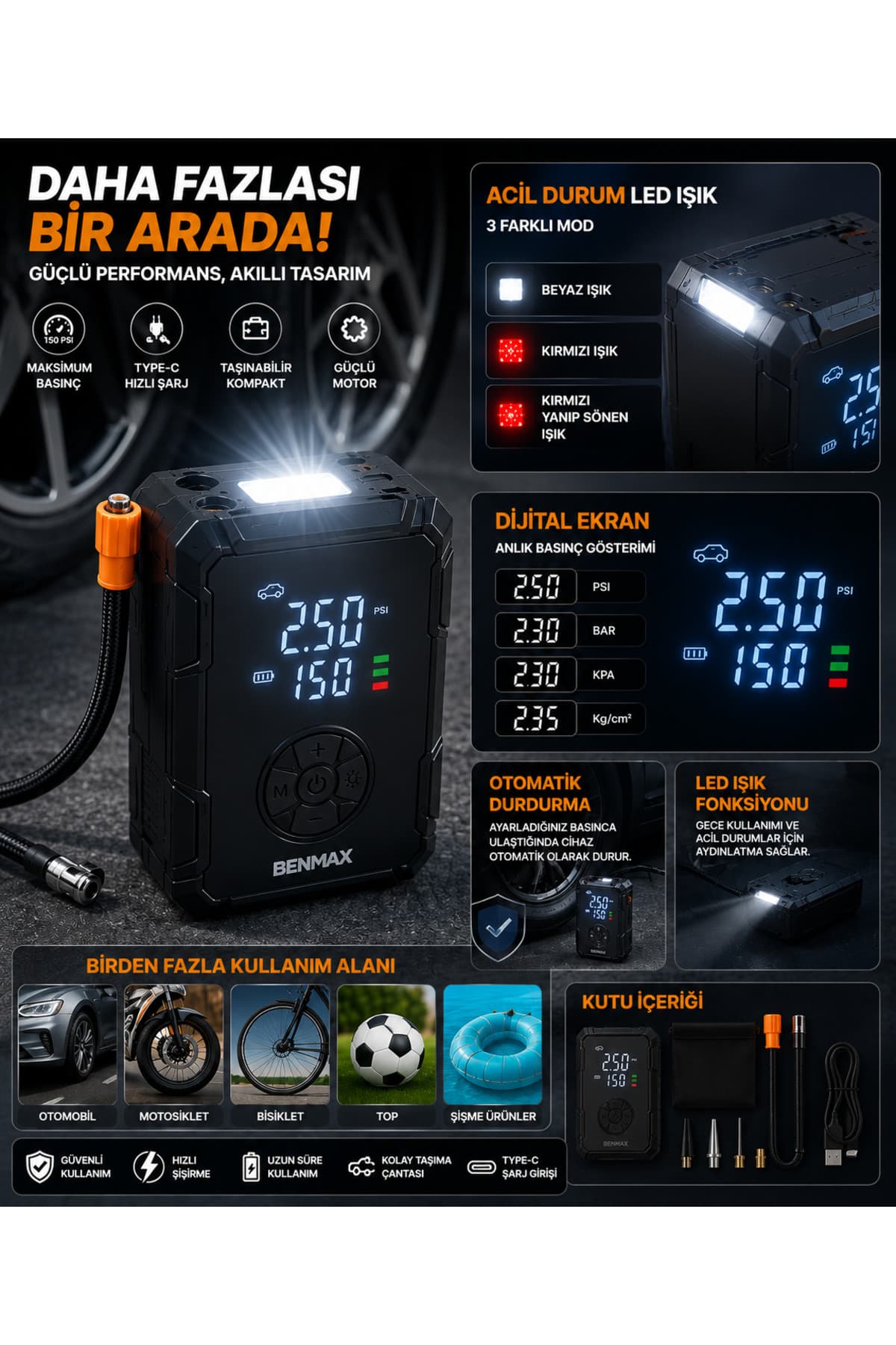 Mega Oto Market 150 PSI Şarjlı Taşınabilir Hava Kompresörü Dijital Ekranlı Lastik Şişirme Pompası