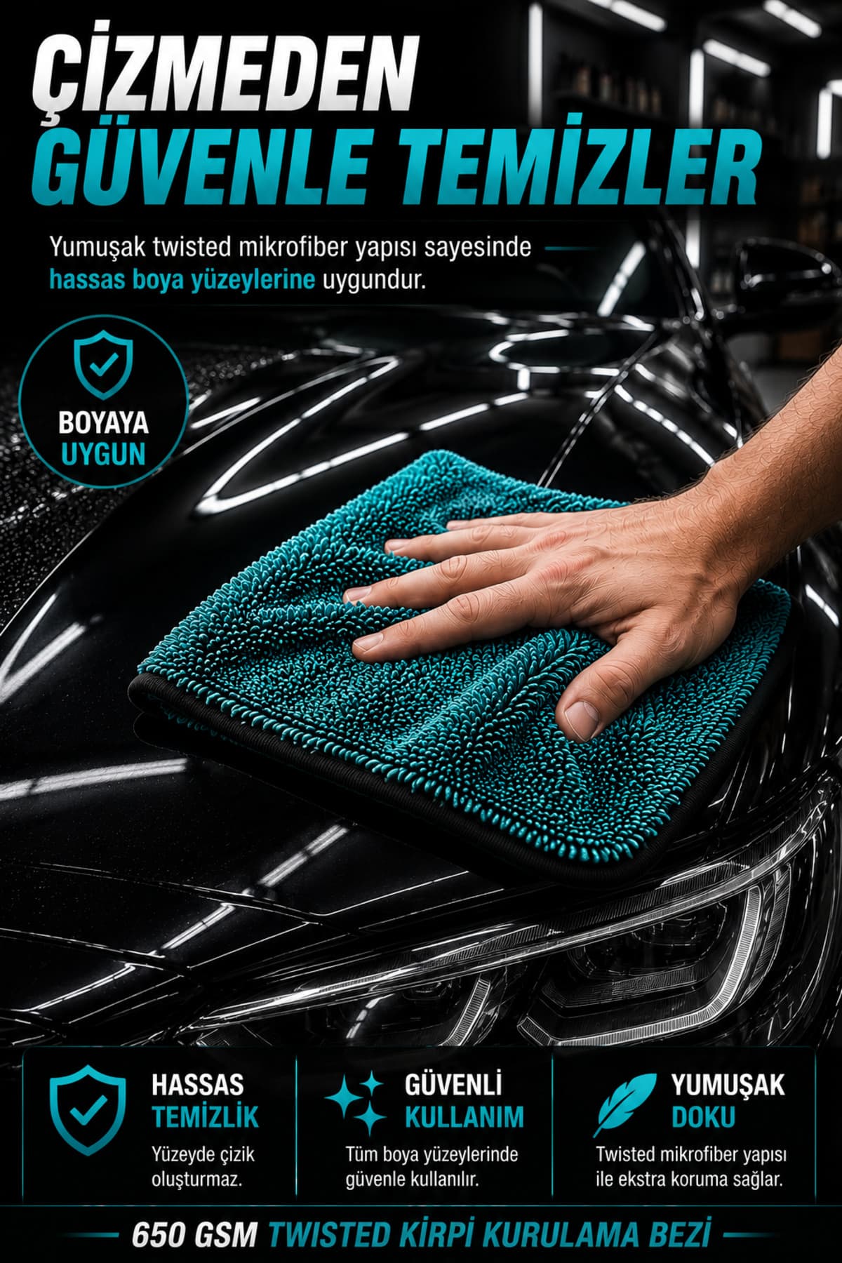 OpenCity 650 GSM Twisted Mikrofiber Oto Kurulama Bezi 50x70 cm Araç Kurulama Havlusu Çizmeden Temizlik Bez