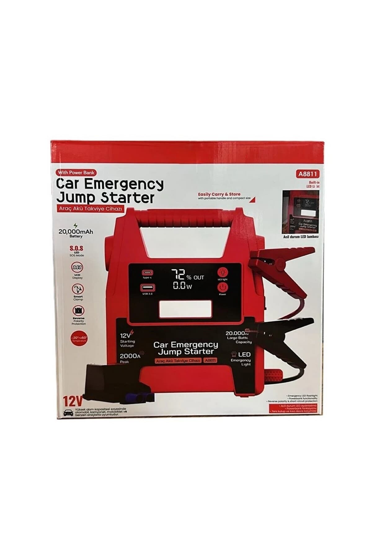 FIRSATTAN 20000 mAh Araç Akü Takviye Cihazı 12V 2000A Jump Starter Powerbank LED Fenerli Oto Akü Şarj Cihazı
