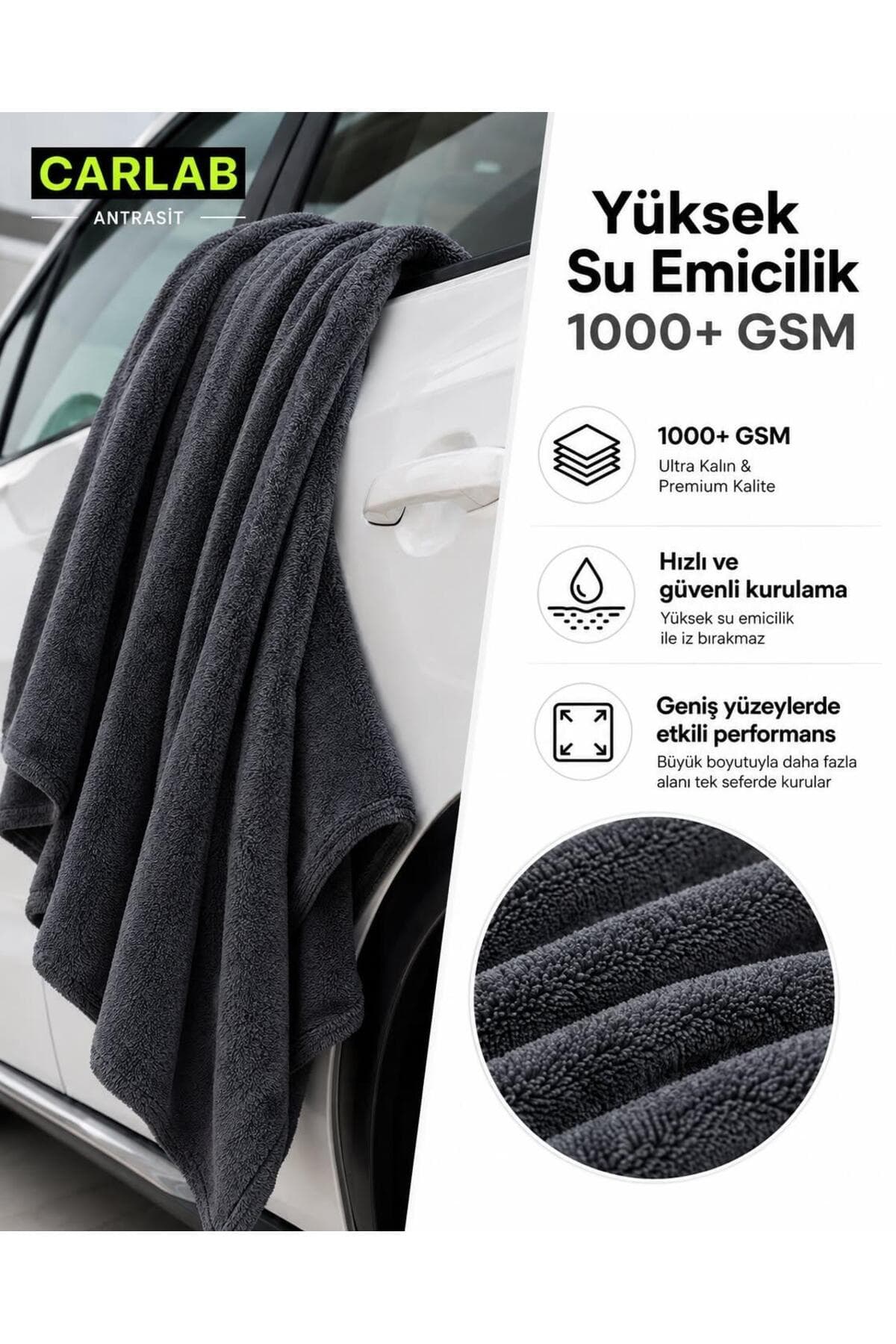 carlab Twist Mikrofiber Araç Kurulama Havlusu 1000+GSM 85x55 cm Yüksek Su Emici Çift Taraflı