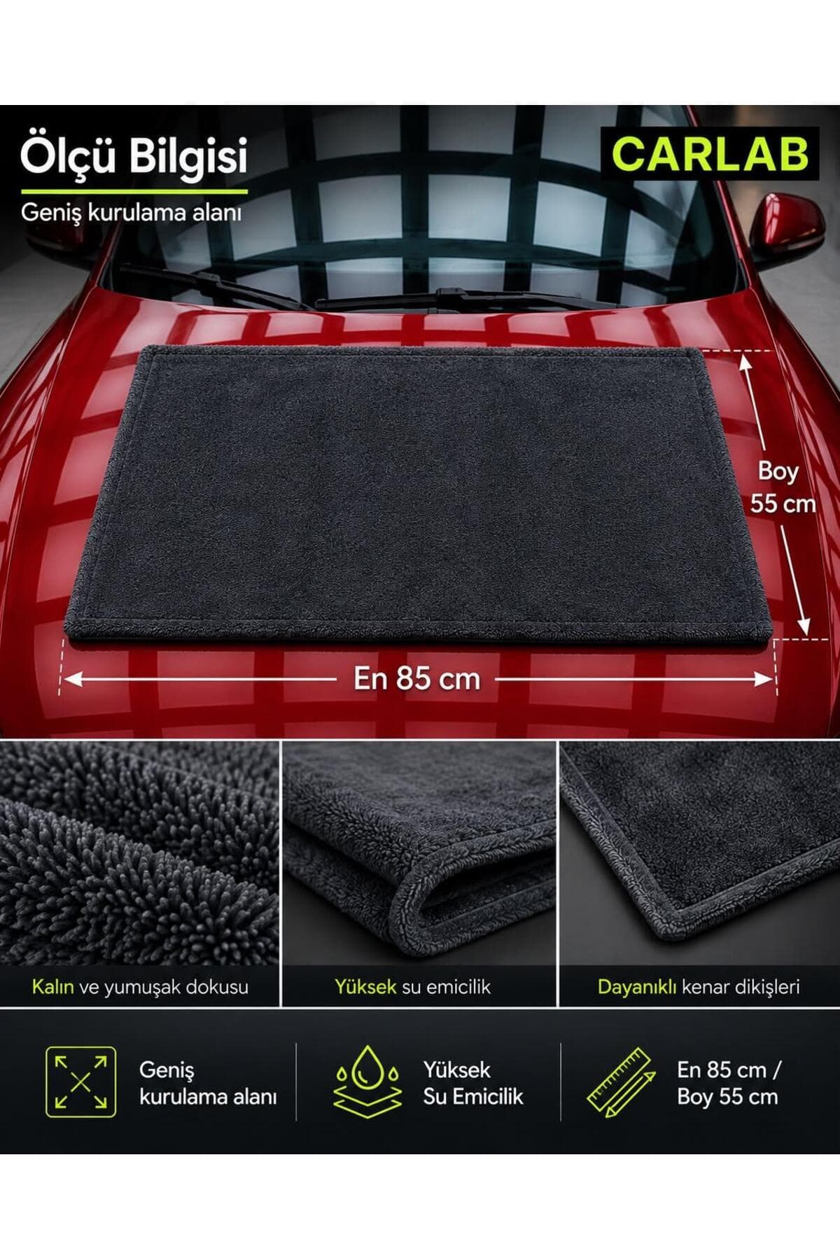 carlab Twist Mikrofiber Araç Kurulama Havlusu 1000+GSM 85x55 cm Yüksek Su Emici Çift Taraflı