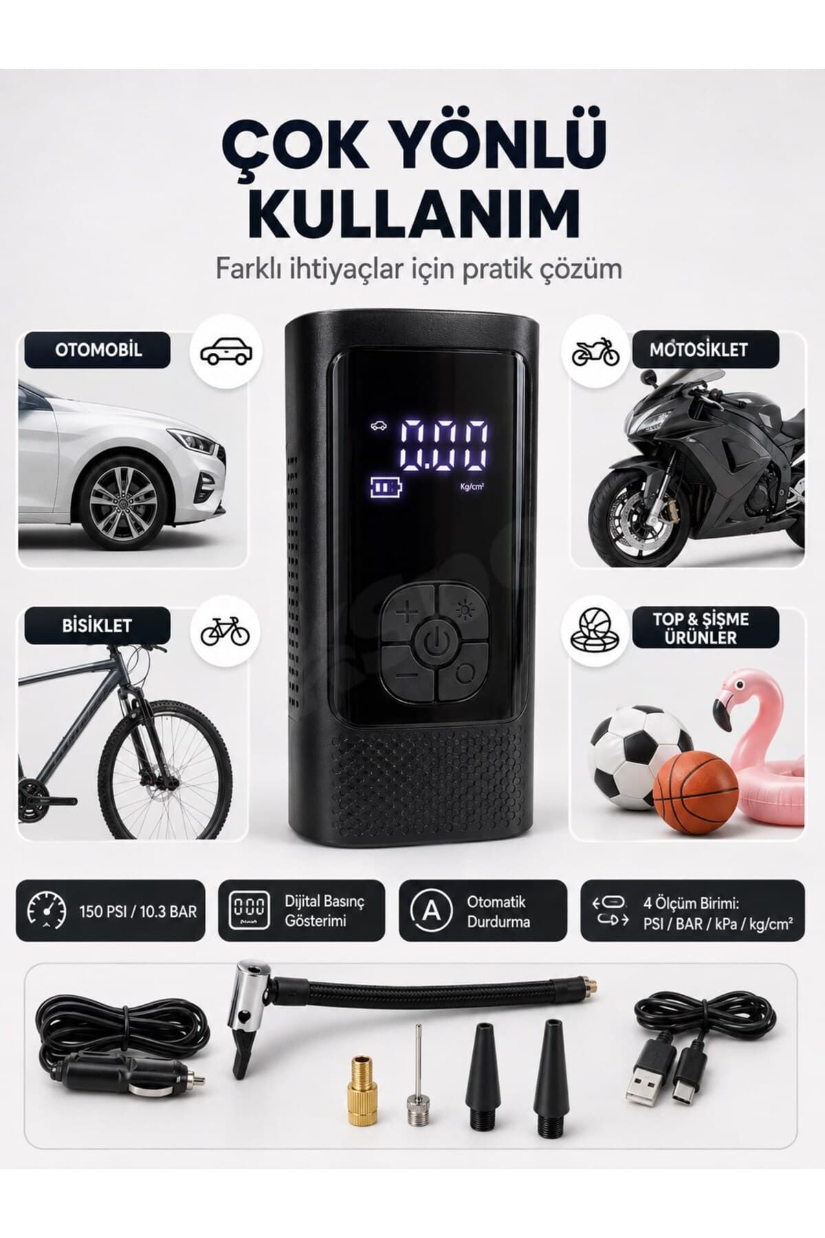 SLİPT CKSPOR Şarjlı Araç Hava Pompası 150 PSI Dijital Otomatik Durdurmalı Taşınabilir Kompresör