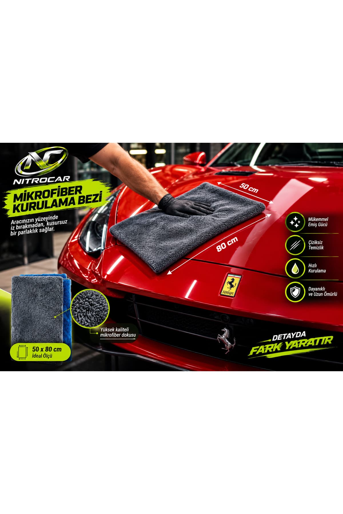 Nitrocar Premium Araç Kurulama Havlusu 50x80 cm 1400 GSM Çift Taraflı Mikrofiber Oto Kurulama Bezi Dikişsiz Kenar Burgulu İlmek Yapılı Yüksek Su Emici Profesyonel Araç Bakım Havlusu