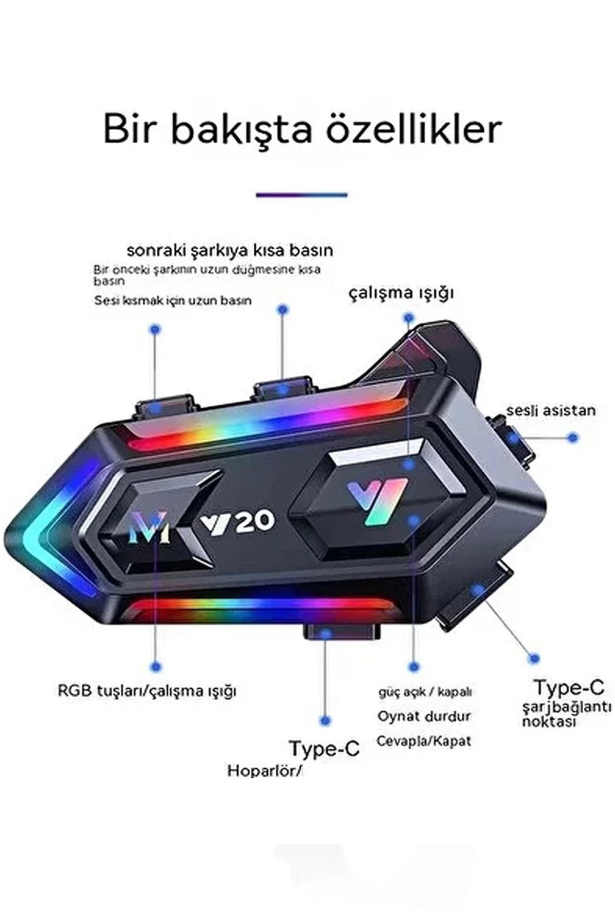 My Best Store Vothoon Y20 Motor Kurye Kask Kulaklık Rgb Modlu Bluetooth Motosiklet Kulaklık 5.3 Bluetooth Interkom