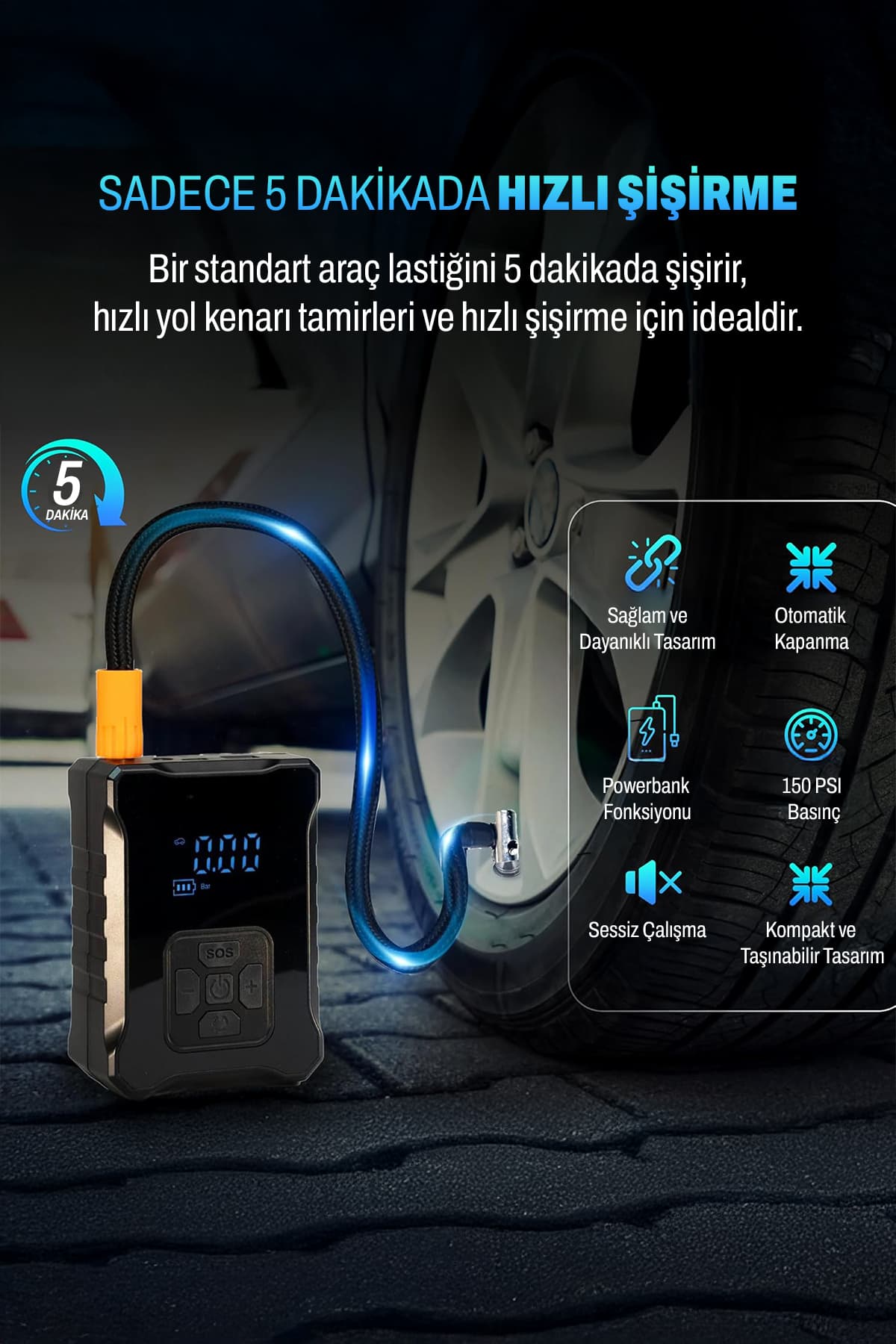 DEMPOWER Şarjlı Dijital Hava Kompresörü, Araç Lastiği, Bisiklet ve Top için Taşınabilir Şişirme Pompası