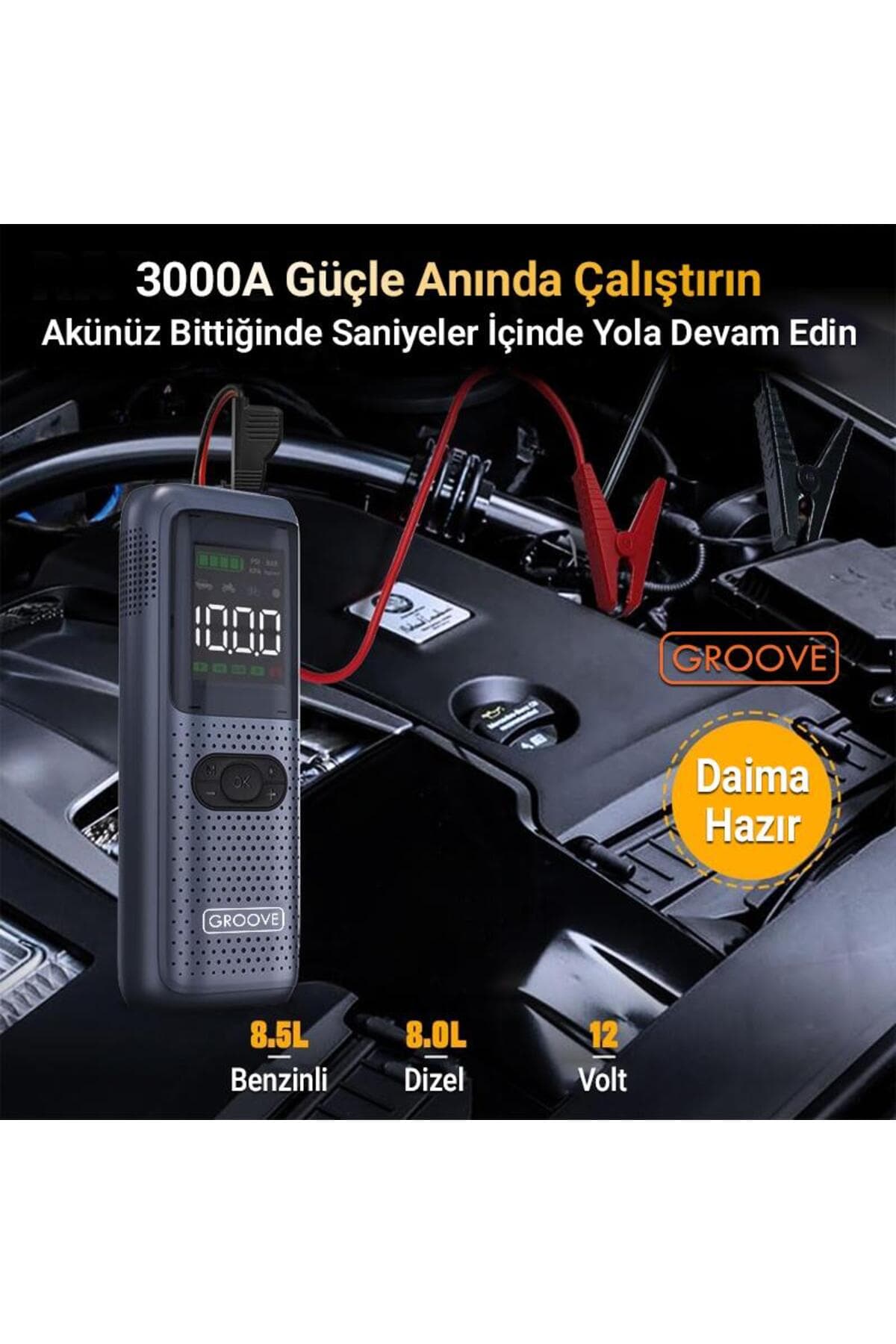 Groove HCB002 24400mAh 3000A Akü Takviye Cihazı + Lastik Şişirme Kompresörü Taşınabilir Jump Starter