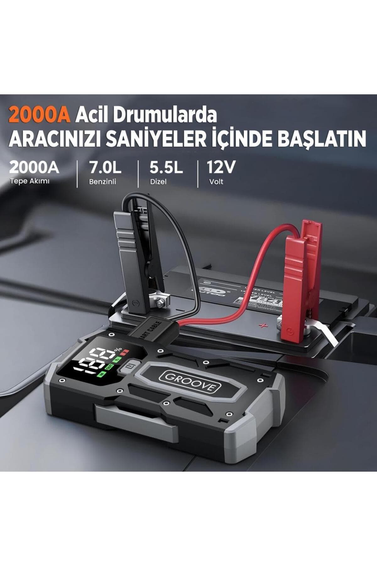 Groove M01 15800mah 2000a Akü Takviye Cihazı Taşınabilir Jump Starter (POWERBANK LED LAMBA LCD EKRAN)