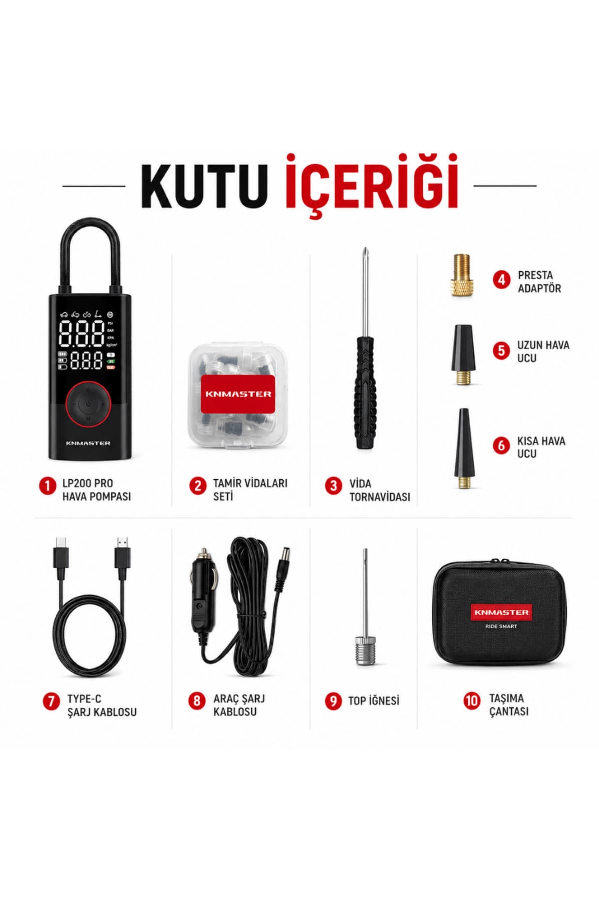 Knmaster LP200 PRO - 150 PSI Dijital Şarjlı Akıllı Lastik Pompası | Taşınabilir Hava Kompresörü