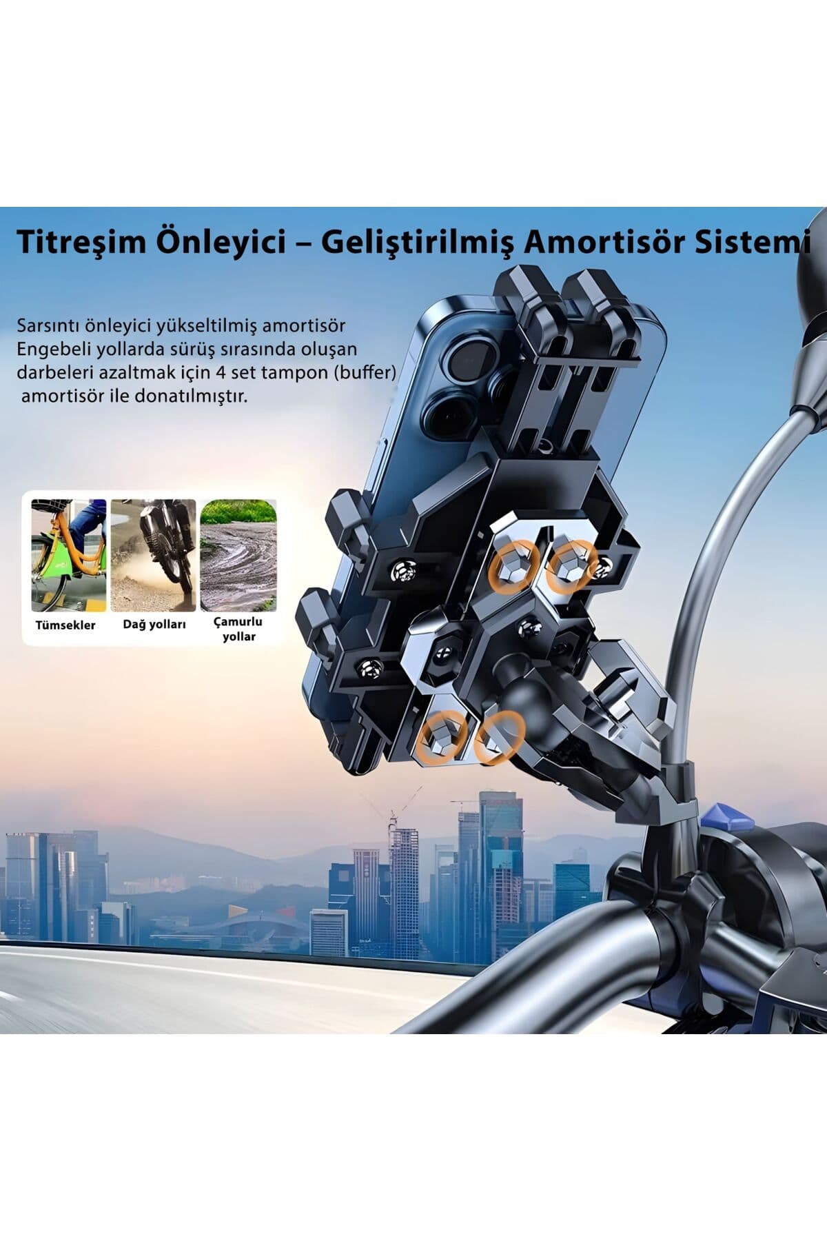 Titreşim Önleyici Gidon Bağlantılı Alüminyum Alaşım Motosiklet Telefon Tutucu