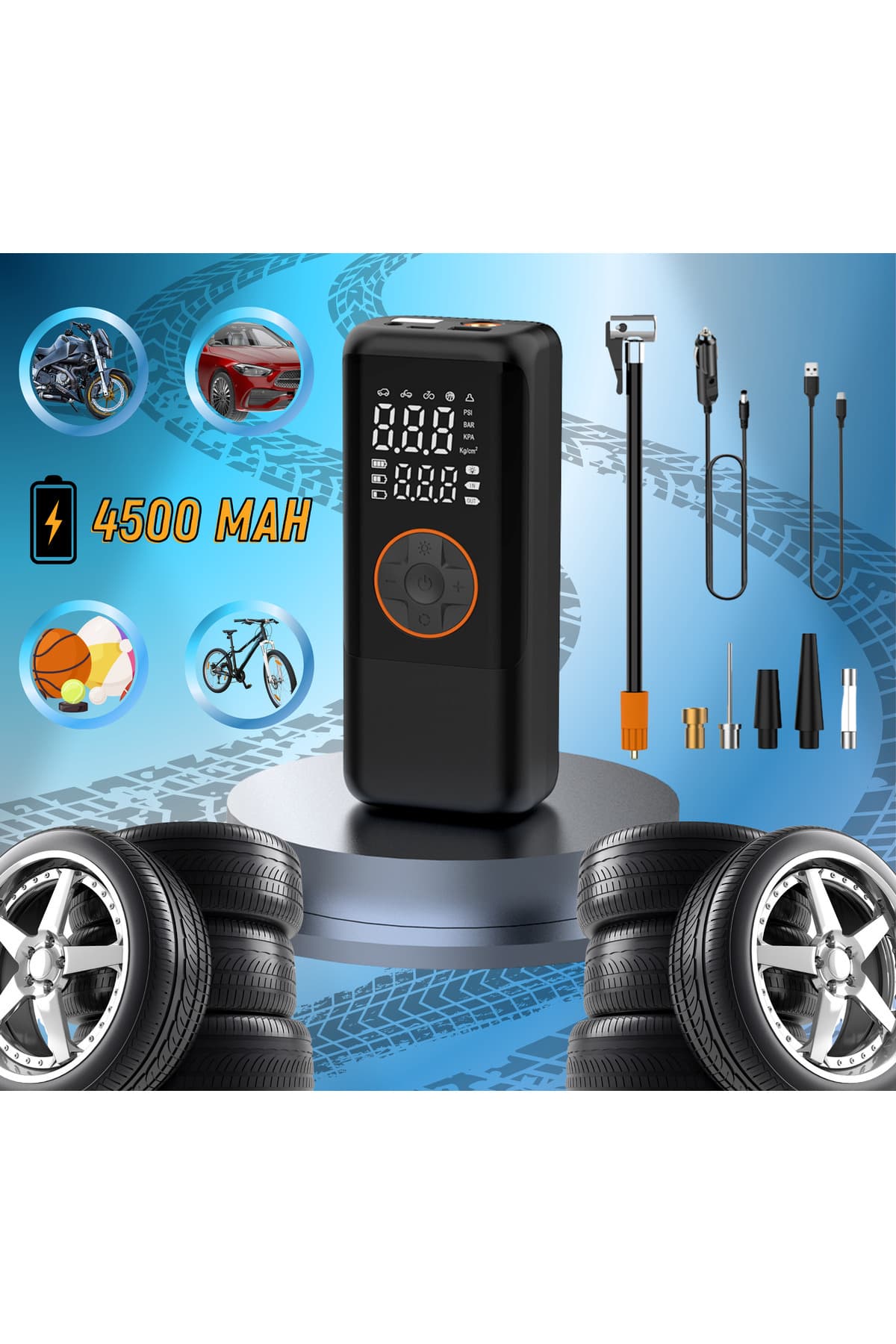 MATECHNO 4500 MaH Şarjlı Taşınabilir Araba Lastik Hava Top Şişirme Pompası Led Işıklı Dijital Hava Kompresörü