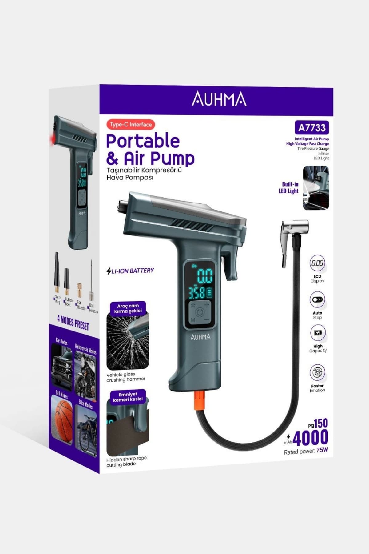 Blackbird Game Center Auhma A7733 Taşınabilir Kompresörlü Hava Pompası 4000mAh|150 PSI | Dijital LCD Ekranlı