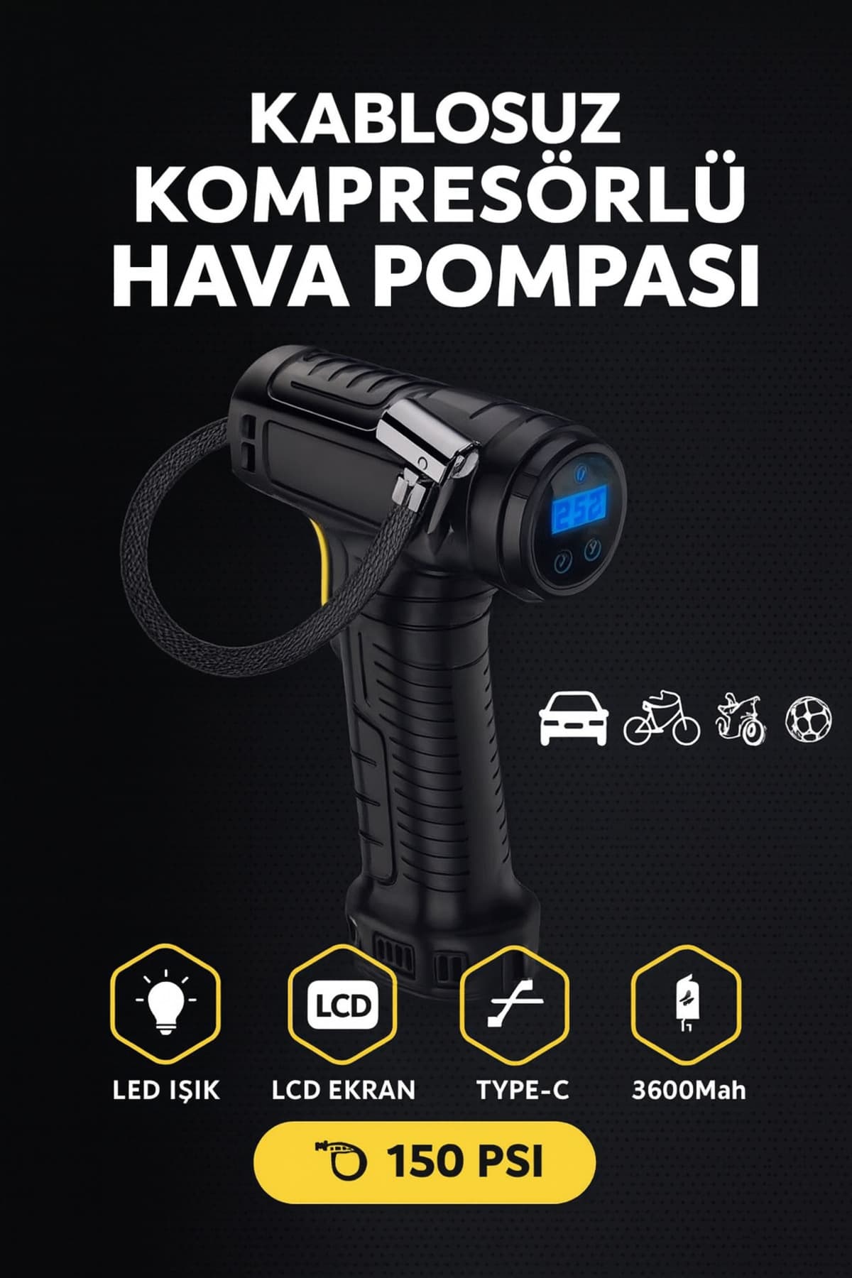 CROW'S TECH Hava Kompresörü Şarjlı Dijital 150 PSI LED Işık–LCD Ekran , Type-C, 3600 mAh | Araba Lastik pompası
