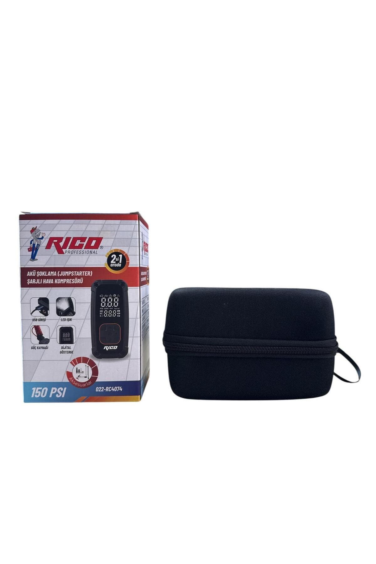 Rico Professional 2’si 1 Arada Akü Şoklama ve Şarjlı Dijital Hava Kompresörü 150 PSI LED Işıklı