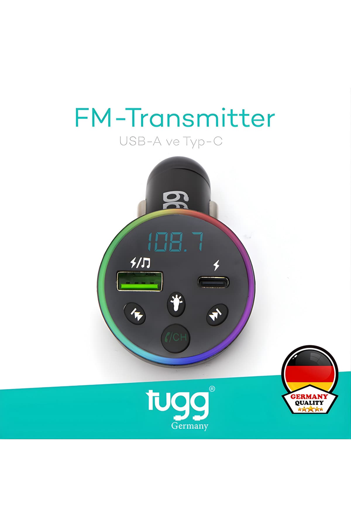 TUGG FM Verici & Araç Şarj Cihazı | Bluetooth 5.0 FM Transmitter, Çift USB + Type-C PD Hızlı Şarj