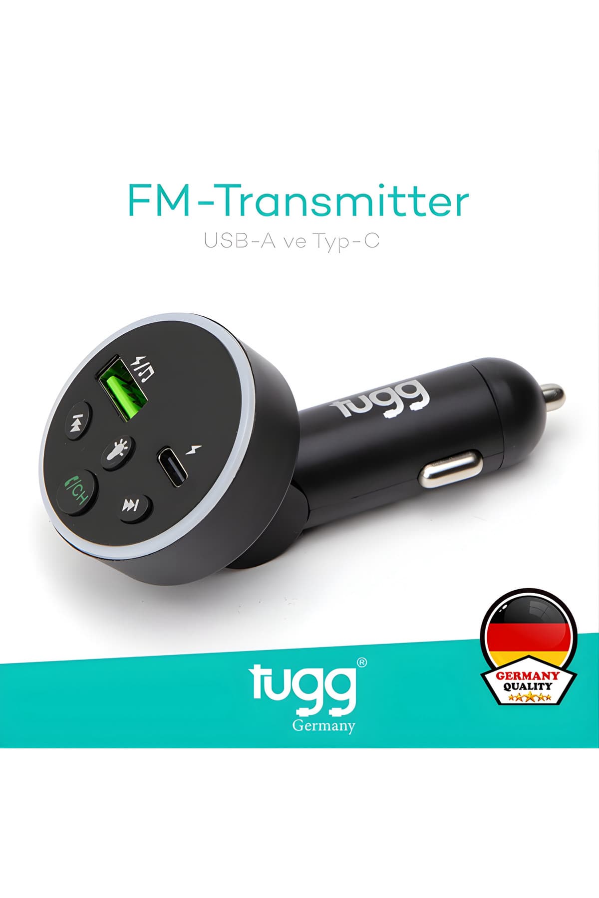TUGG FM Verici & Araç Şarj Cihazı | Bluetooth 5.0 FM Transmitter, Çift USB + Type-C PD Hızlı Şarj