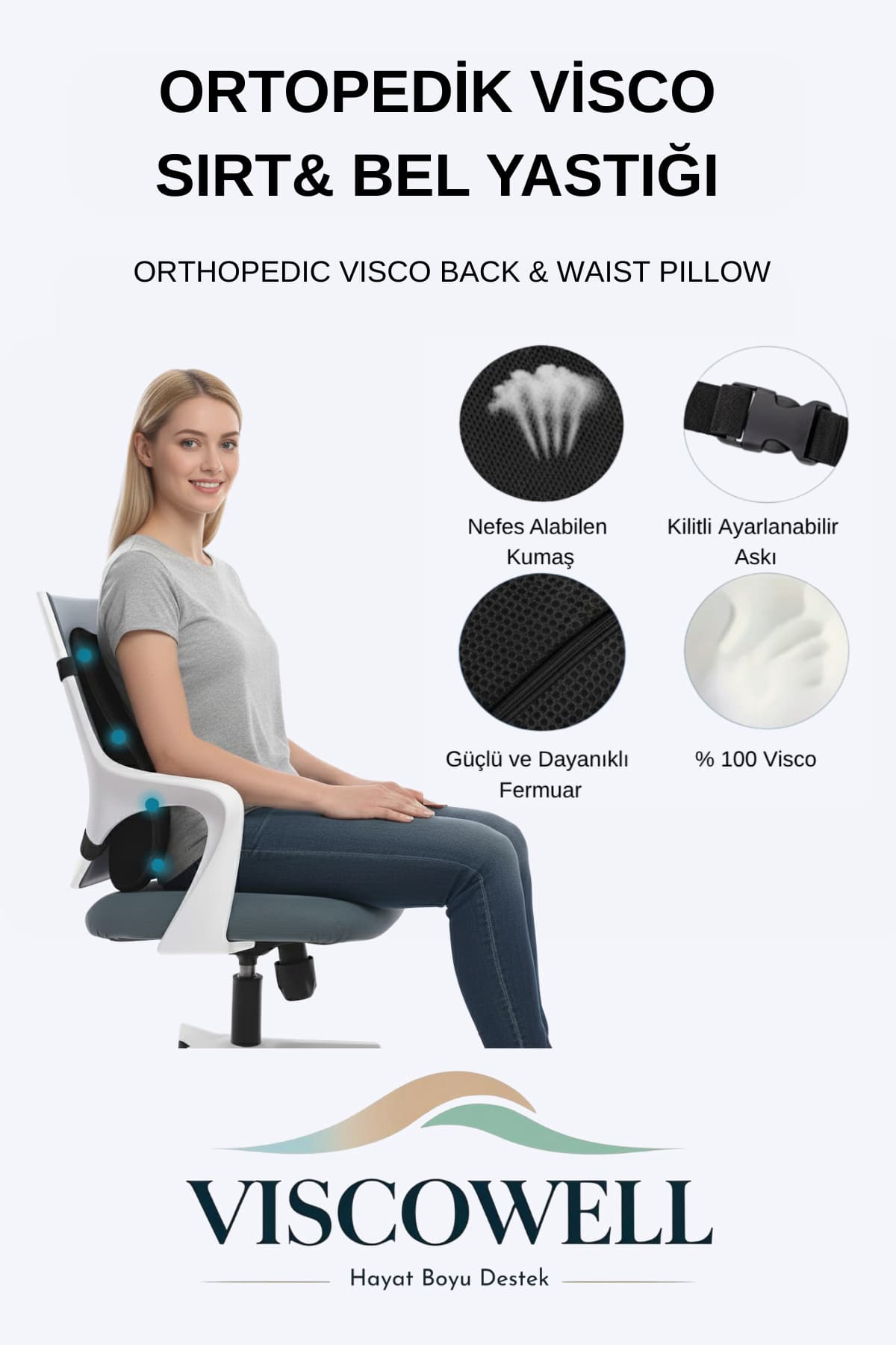 Visco Ortopedik Bel Destek Yastığı, Ofis, Araba, Sandalye, Koltuk, Sırt Yastığı Minderi