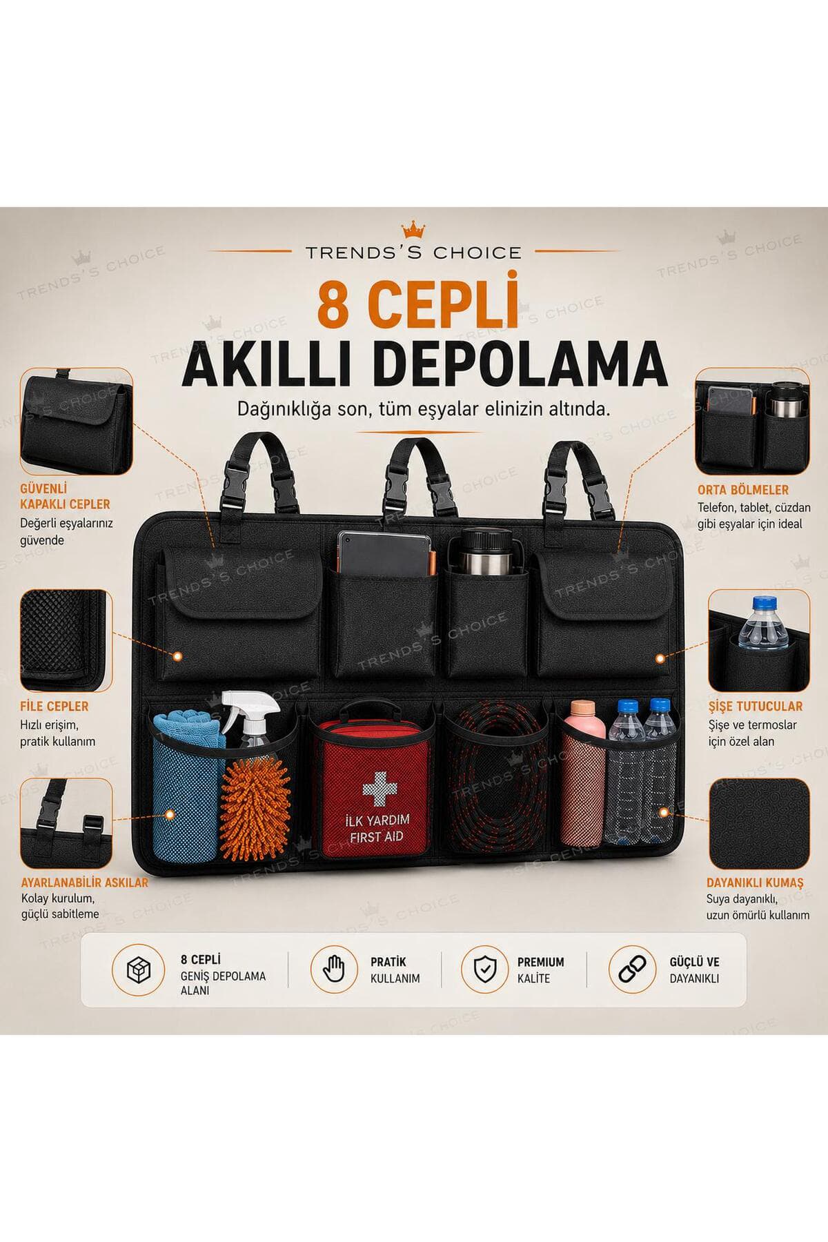8 Cepli Premium Araç Bagaj Organizeri Koltuk Arkası Düzenleyici